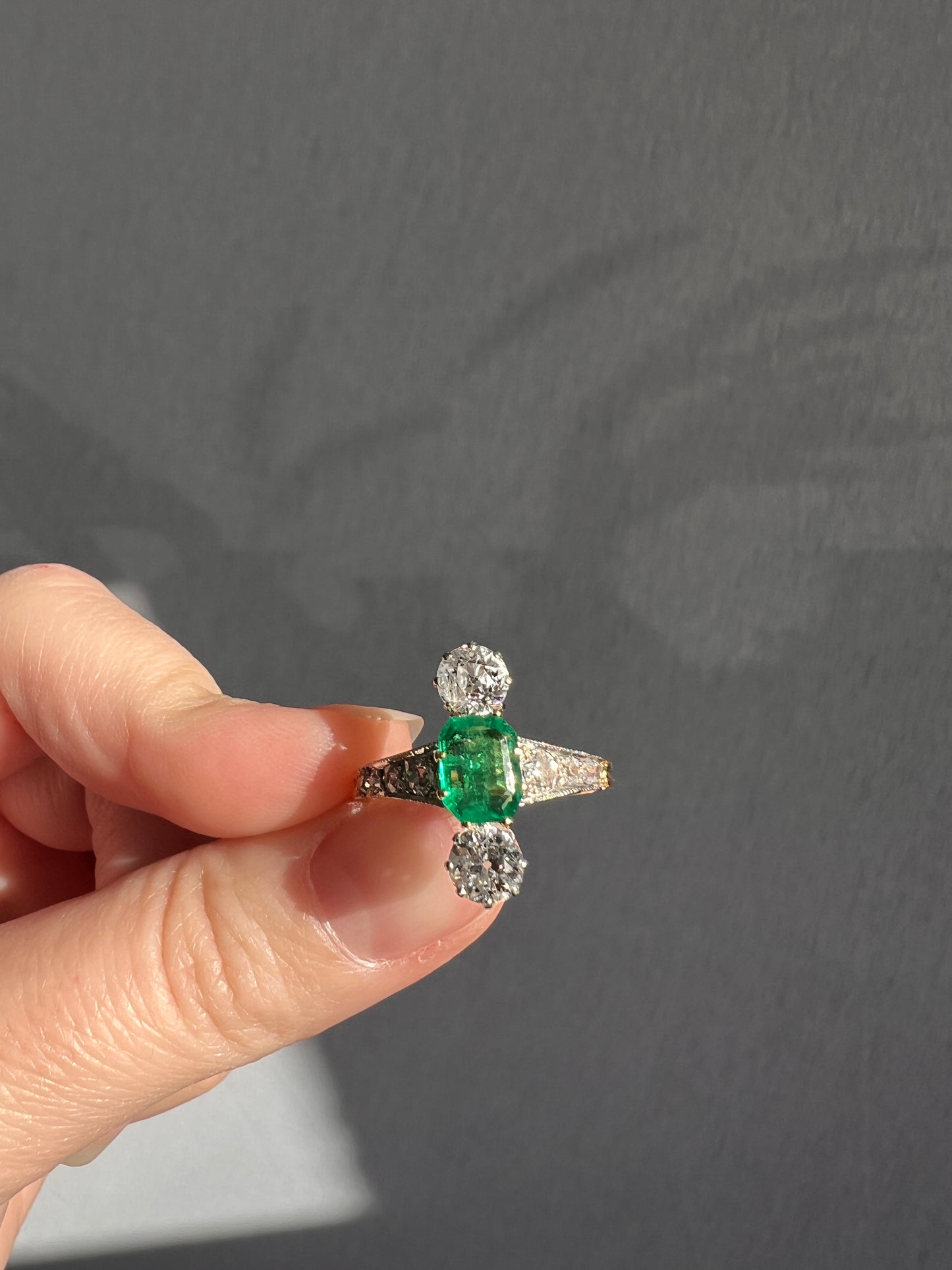 Antique Old Octagon Cut EMERALD 1.5 Carat Old Mine Cut Diamond Line Ring Edwardian Stacker Gift French 18k Gold Platinum Old Step Cut Octagonal