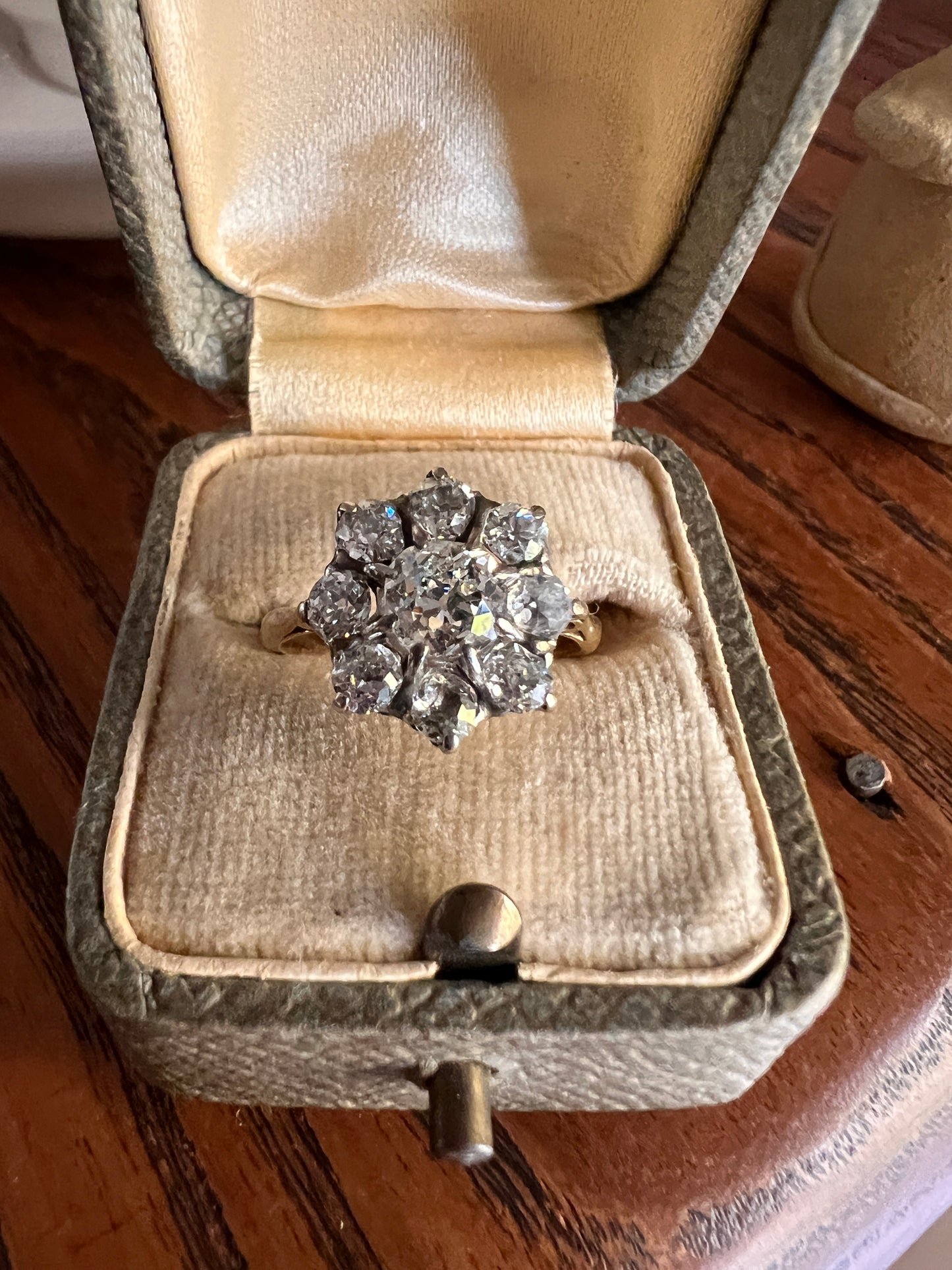 French Antique 2 Carat Old Mine Cut DIAMOND Ring 18k Gold 2Ctw Halo Cluster Stacker Romantic Gift Daisy Engagement