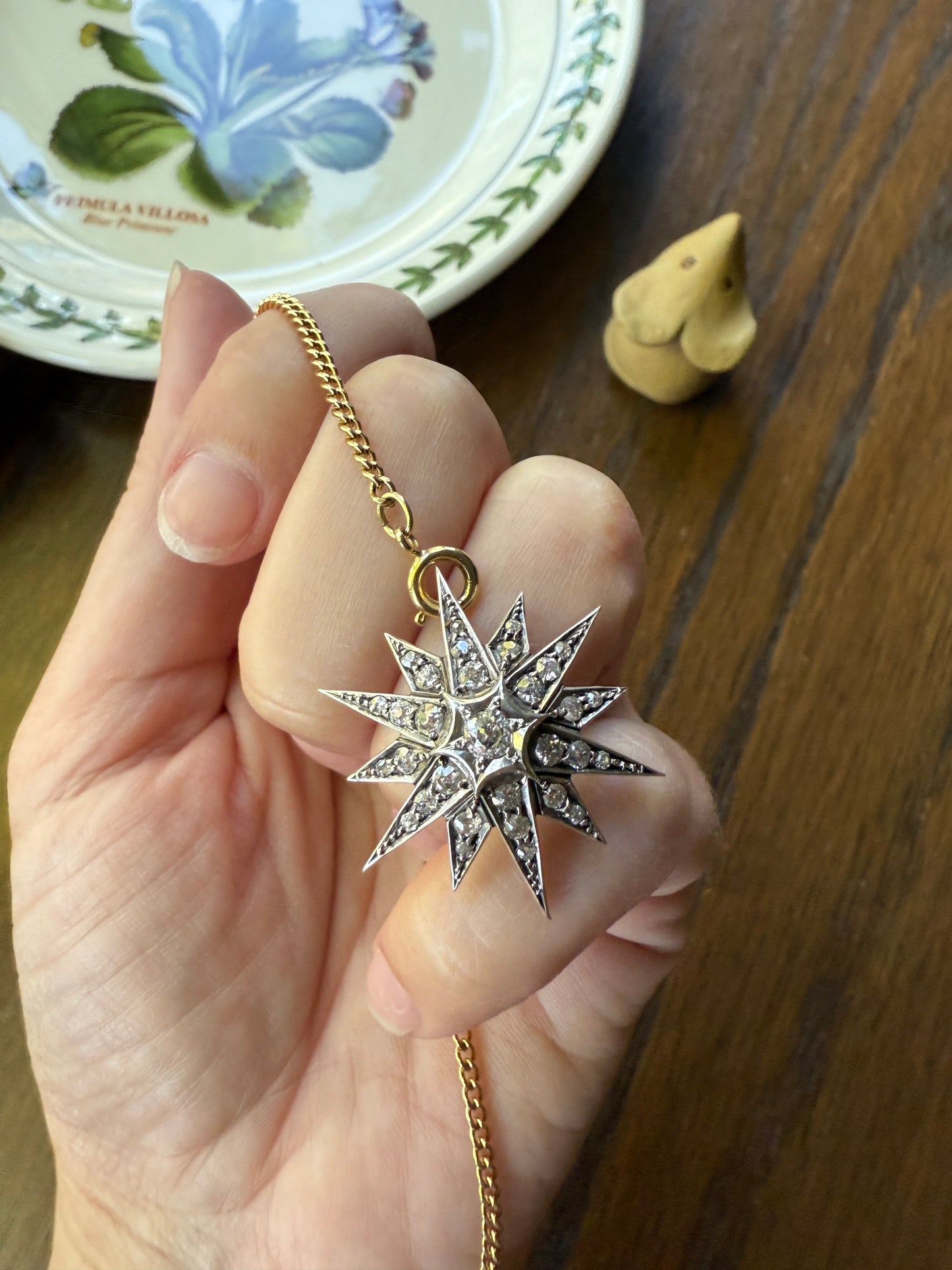 STAR Antique CONVERTIBLE Pendant Hair Pin Brooch BOXED 1 1/4 Carat Old Mine Cut Diamond Cluster 14k Gold Silver Victorian Gift Bridal 1.25Ct