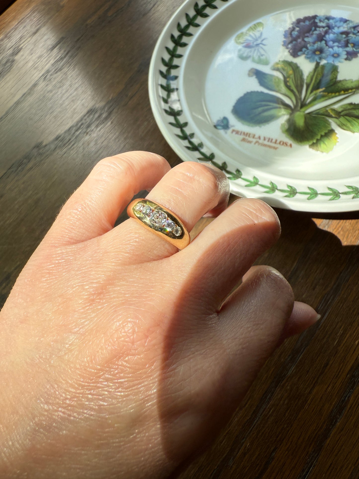 French Vintage .6 Carat Five Stone Ring Antique Old Mine Cut DIAMOND Center Wide Band 18k Gold Solid Stacker Chunky Domed