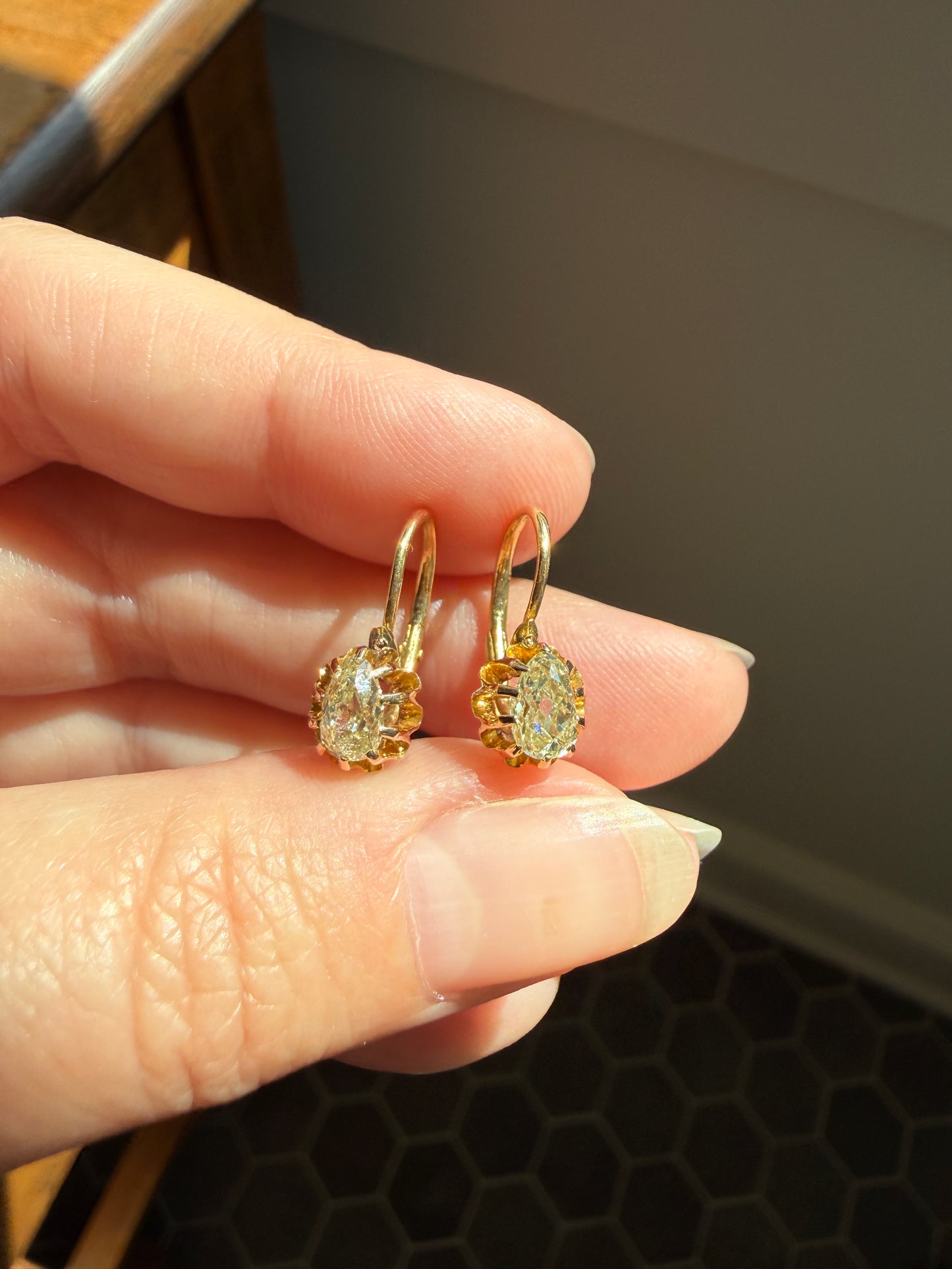 Rare PEAR Pale Yellow Old Mine Cut ANTIQUE One Carat Diamond Dormeuse Earrings 18k Gold Fixed Buttercup Setting Minimalist Sparkle Victorian