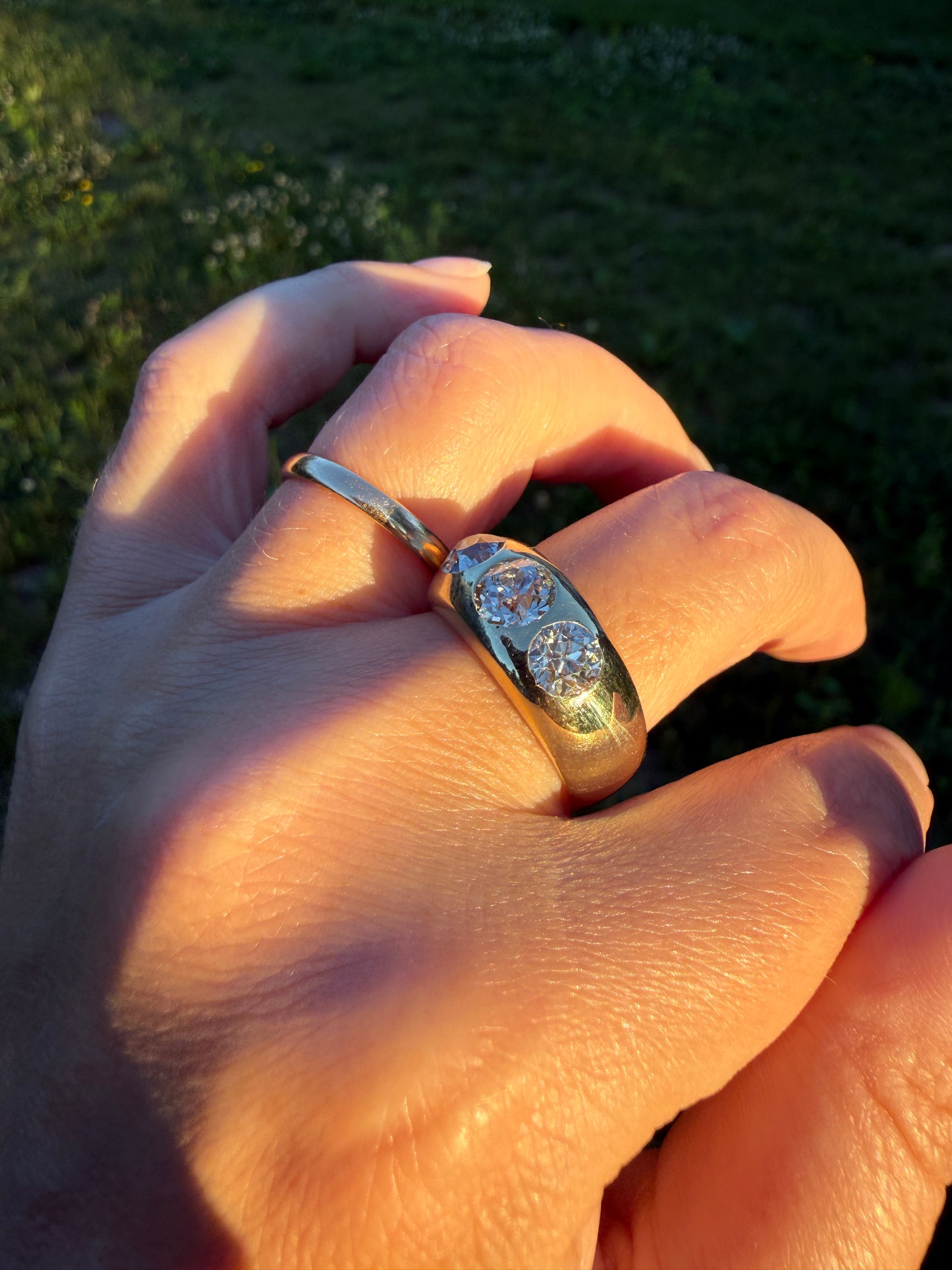 HEAVY Antique 2.4 Carats Natural Old Mine Cut Diamond Three Stone Gypsy Band 10.1g 14k Gold Stacker Ring Man Unisex Chunky