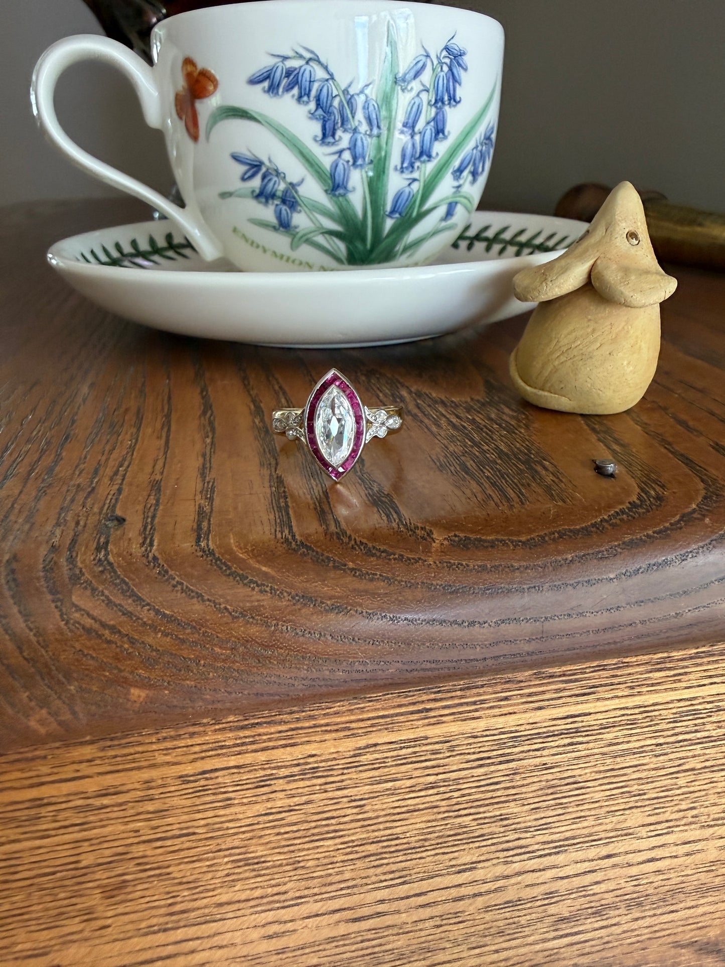Vintage One Carat Old Cut MARQUISE Diamond Ruby HALO Navette French Art Deco Ring 18k Gold Platinum Belle Epoque Pink Rose Cut Accents