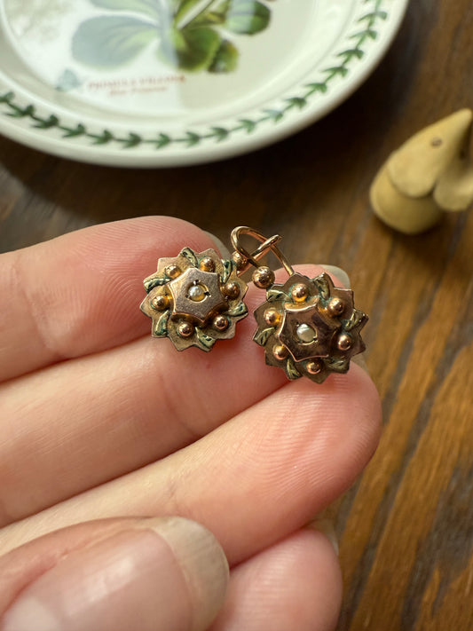 Dormeuse Dangle Earrings French ANTIQUE " Oria " Brand Pearl Green & Rose Gold Fill Star Burst Ball Rivet Bead Floral