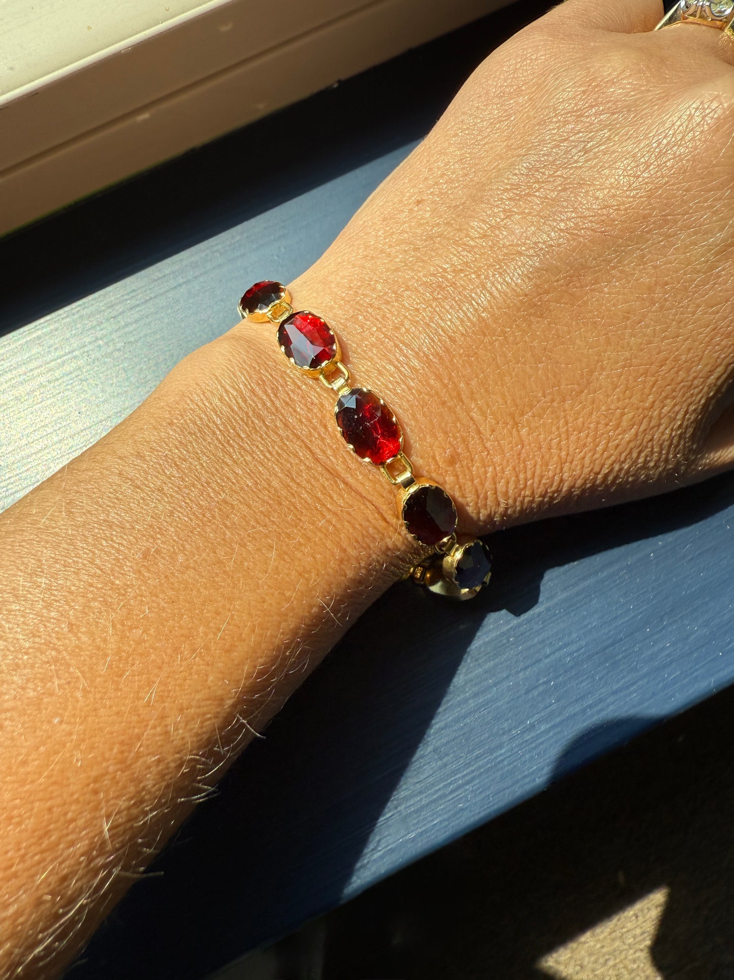 Vintage French Perpignan GARNET Riviere Eternity Bracelet 18k Gold Large Oval Bezel Set Rose Cut Closed Back Glowing Crimson Red Riviera