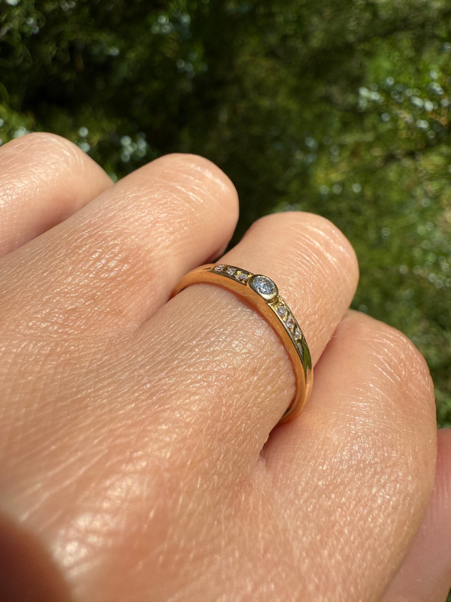 Bezel Set Vintage Skinny Band 18k Gold Solid Stacker Ring Geometric Single Cut Diamonds Seven Stone Skinniest Dainty Minimalist