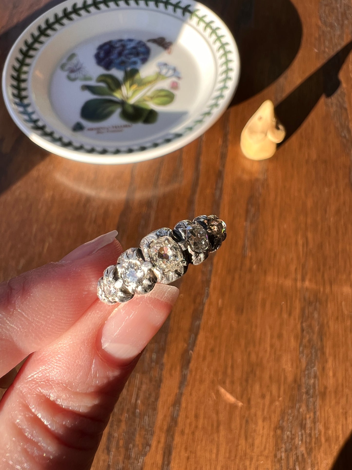 VICTORIAN French ANTIQUE 1.3 Carat Old Mine Cut DIAMOND Seven Stone Half Hoop 18k Gold Silver Collets Stacker Band Open Back