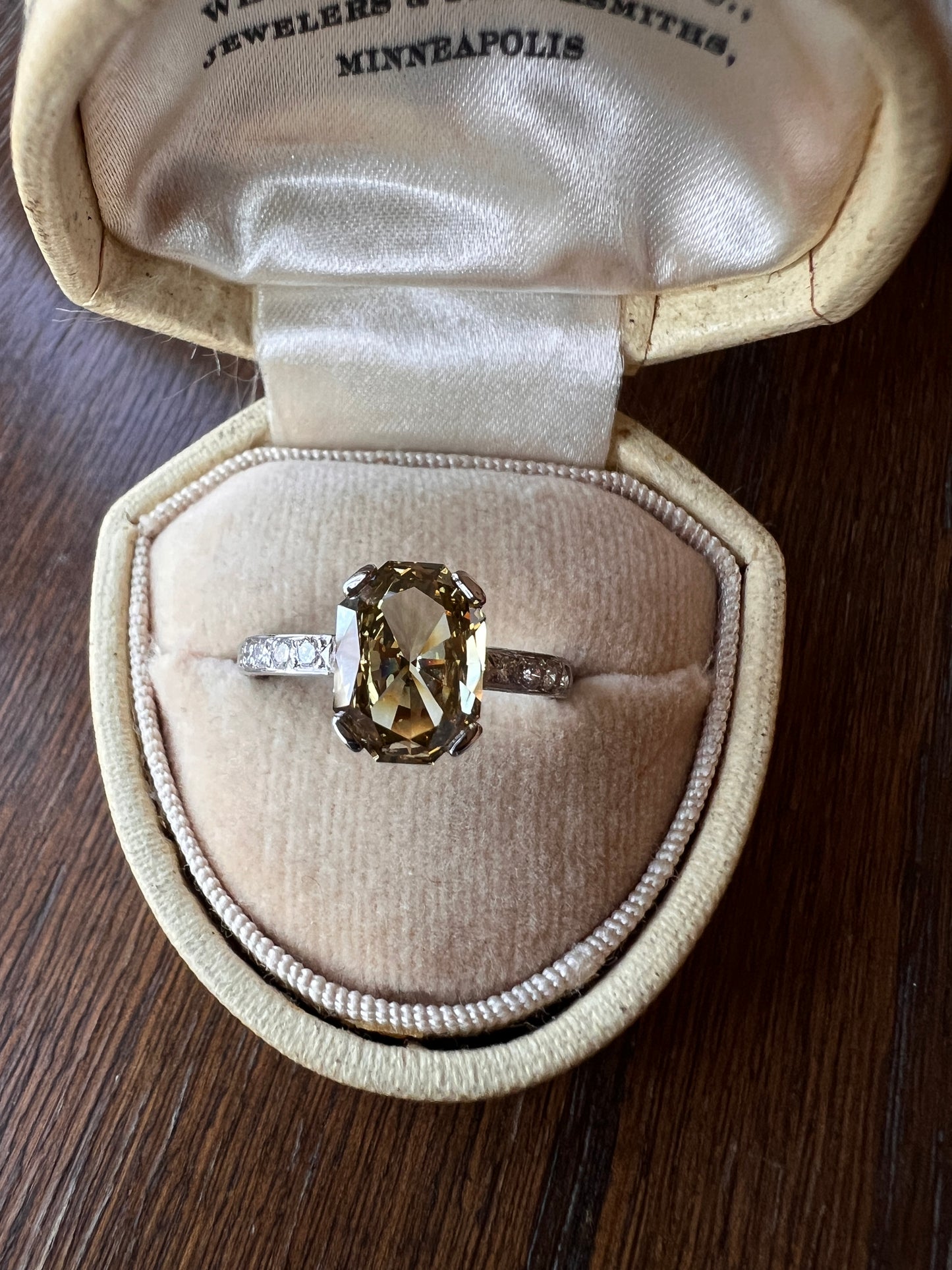 Fancy BROWN Yellow Eye Clean Elongated Octagon Brilliant Cut DIAMOND Ring 2.5 Carat Tdw Platinum Hidden Halo Engagement Solitaire