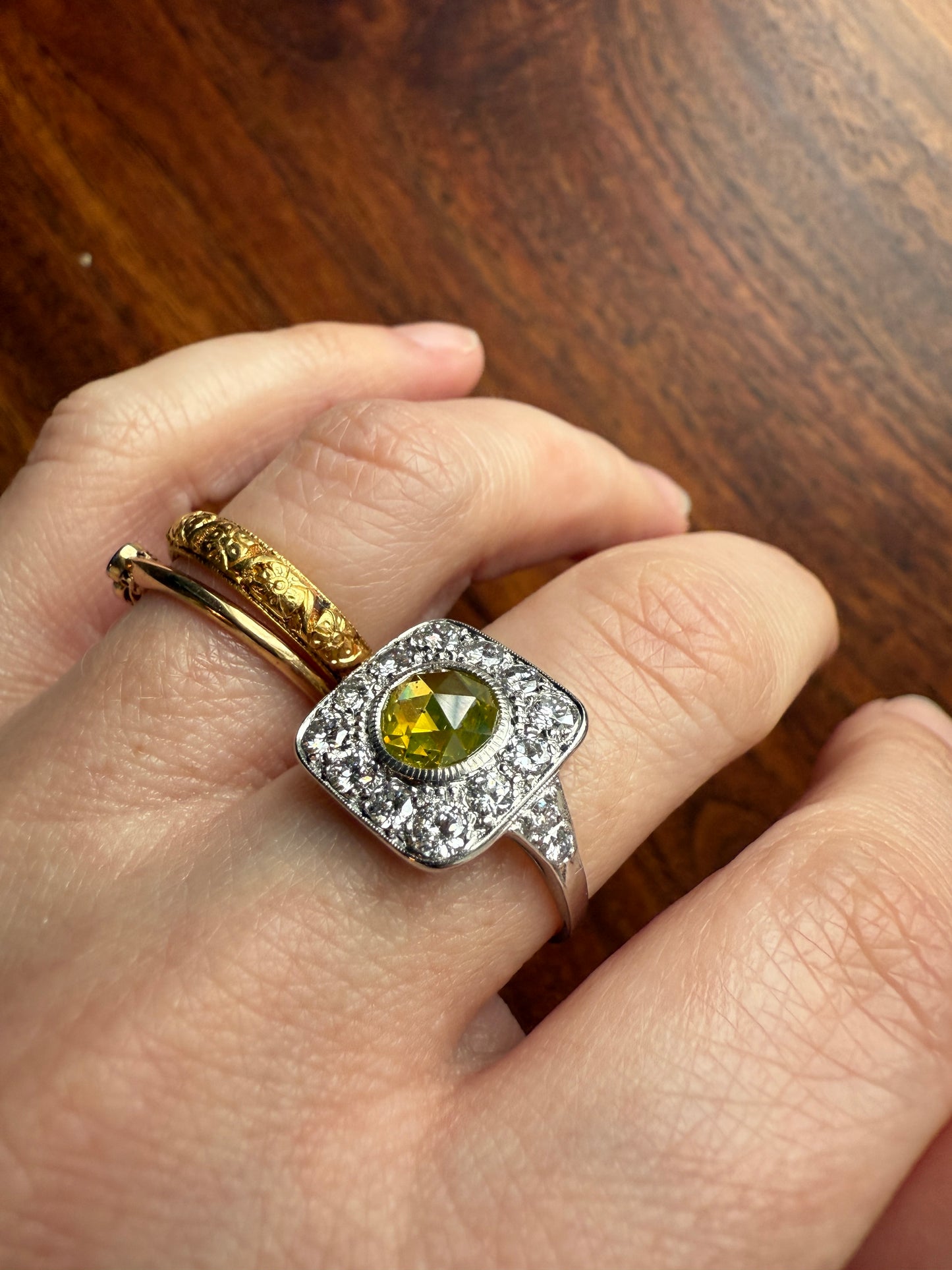 Vintage .8 Carat Fancy Greenish Yellow Natural ROSE CUT Diamond 1.8 Ctw Transitional Cut Boxed Cobblestone Panel Ring Platinum Lemon Lime