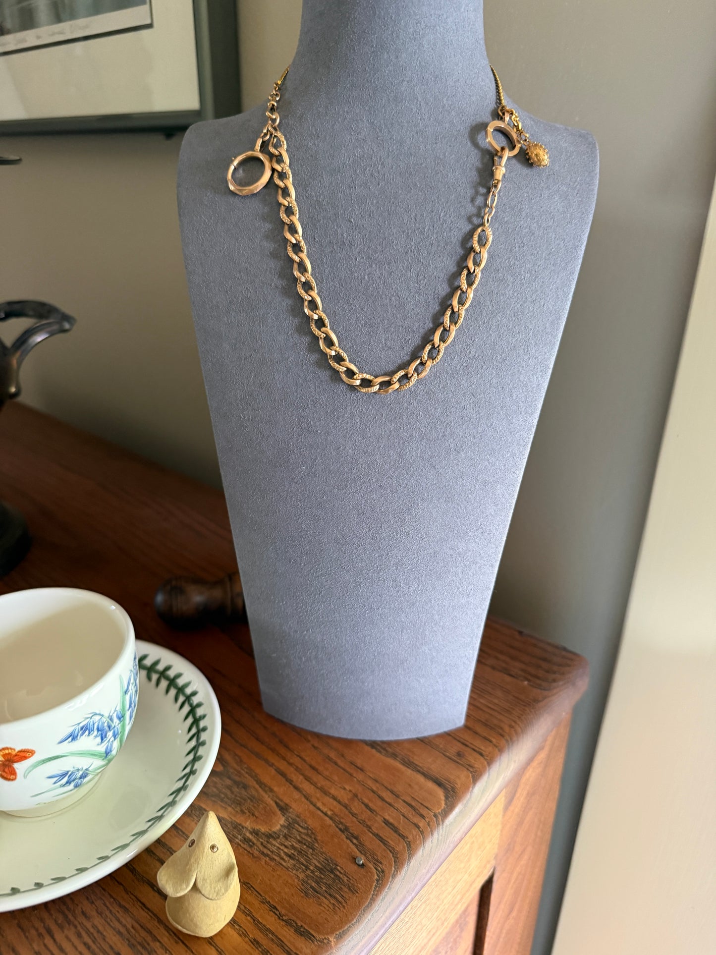 French Antique  14.4g 18k GOLD Solid Curb Embossed Link Watch Chain XL Faceted Spring Ring Dog Clip Extender Bracelet Connector