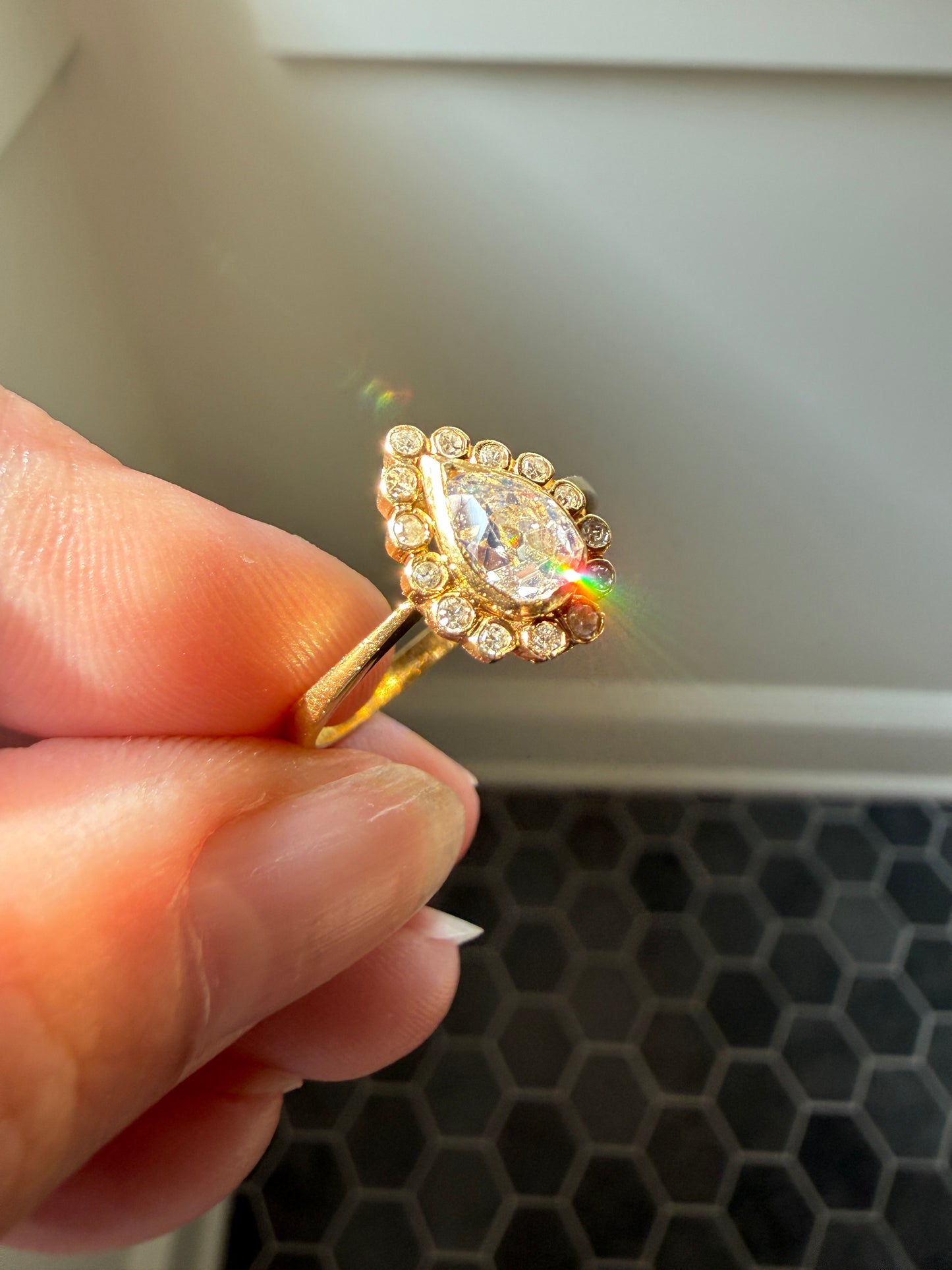 Vintage Halo Ring with Chunky .6 Carat Antique Old Mine Cut PEAR Diamond Eye Clean & Old Single Cuts Bezel Set Ring Teardrop Stacker