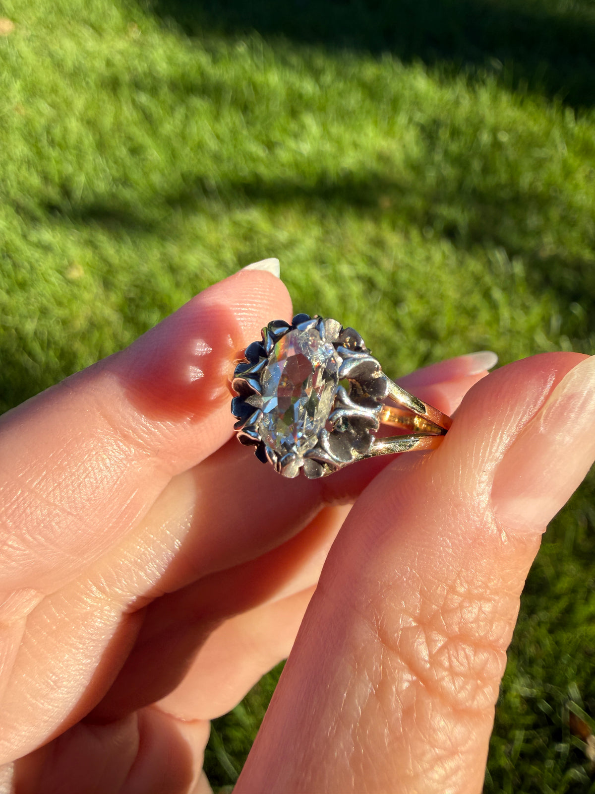 ANTIQUE Elongated Old Mine Cut Oval DIAMOND Silver Star Prong Basket Setting in 10k Gold Unique Buttercup Victorian .6 to 1.2 Ct.