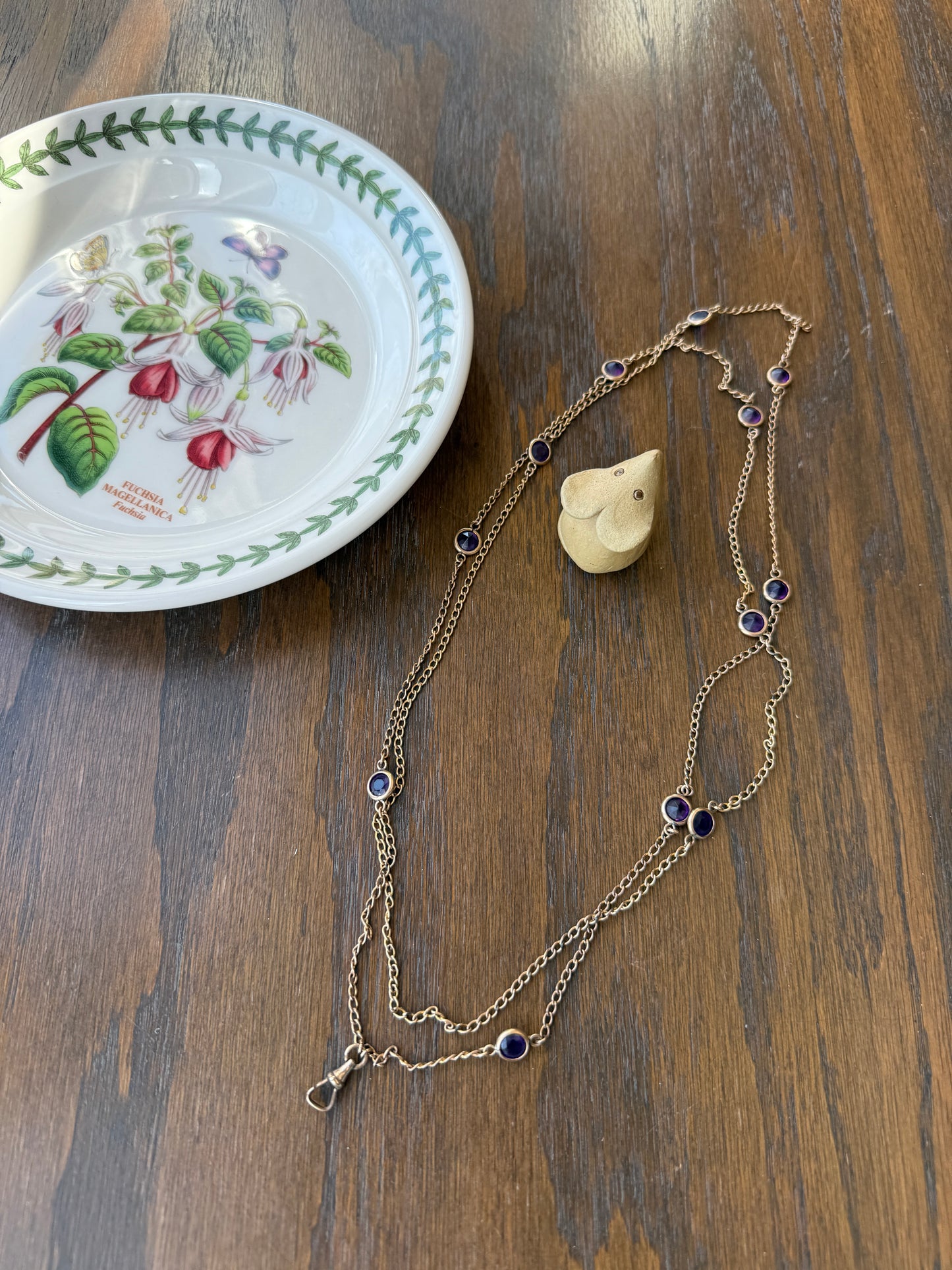 Antique Rosy Gold Filled Long Guard Muff Pocket Watch Station Body Chain Faux Amethyst Purple Paste X-Long Dog Clip 17.8g 46" Linear Length