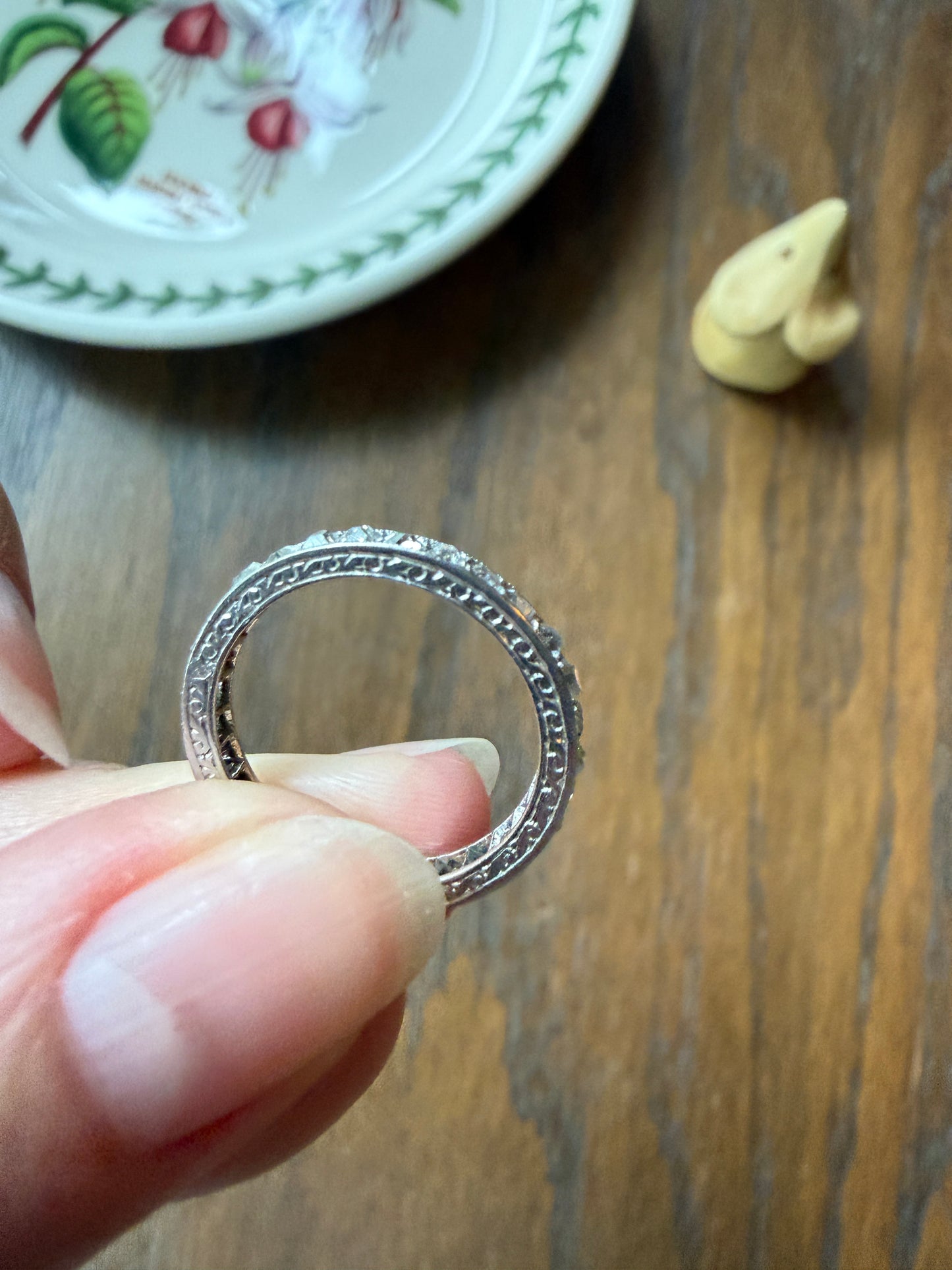 French Antique PLATINUM Chunky 1.5 Carat 29 Old Mine Cut Eternity Band Skinny Wedding Band Engraved Edwardian Stacker