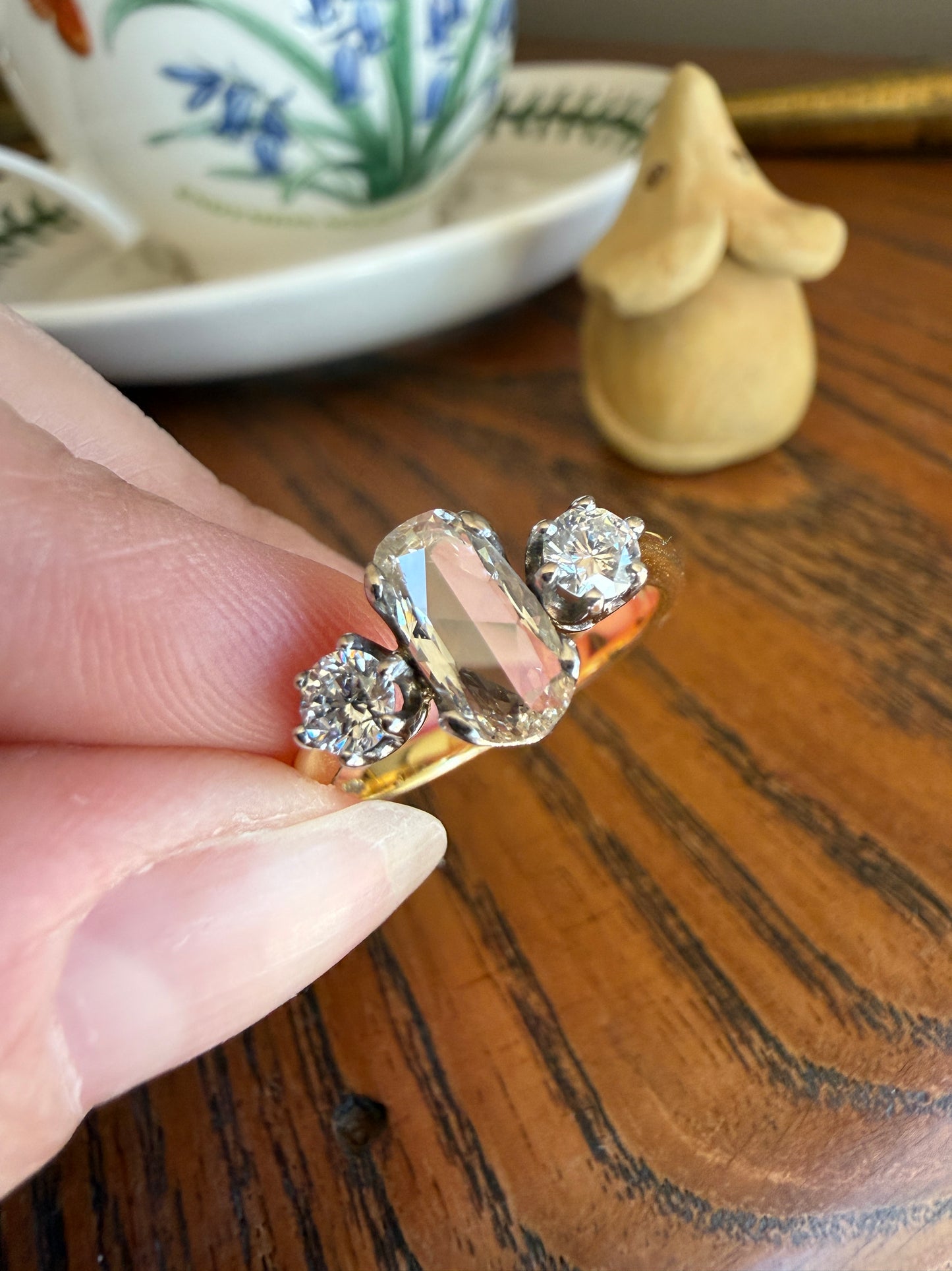 Unique Vintage Elongated Natural VS1 Portrait Rose Cut Three Stone DIAMOND Ring 18k Gold Solid Cushion Oval Stacker Band
