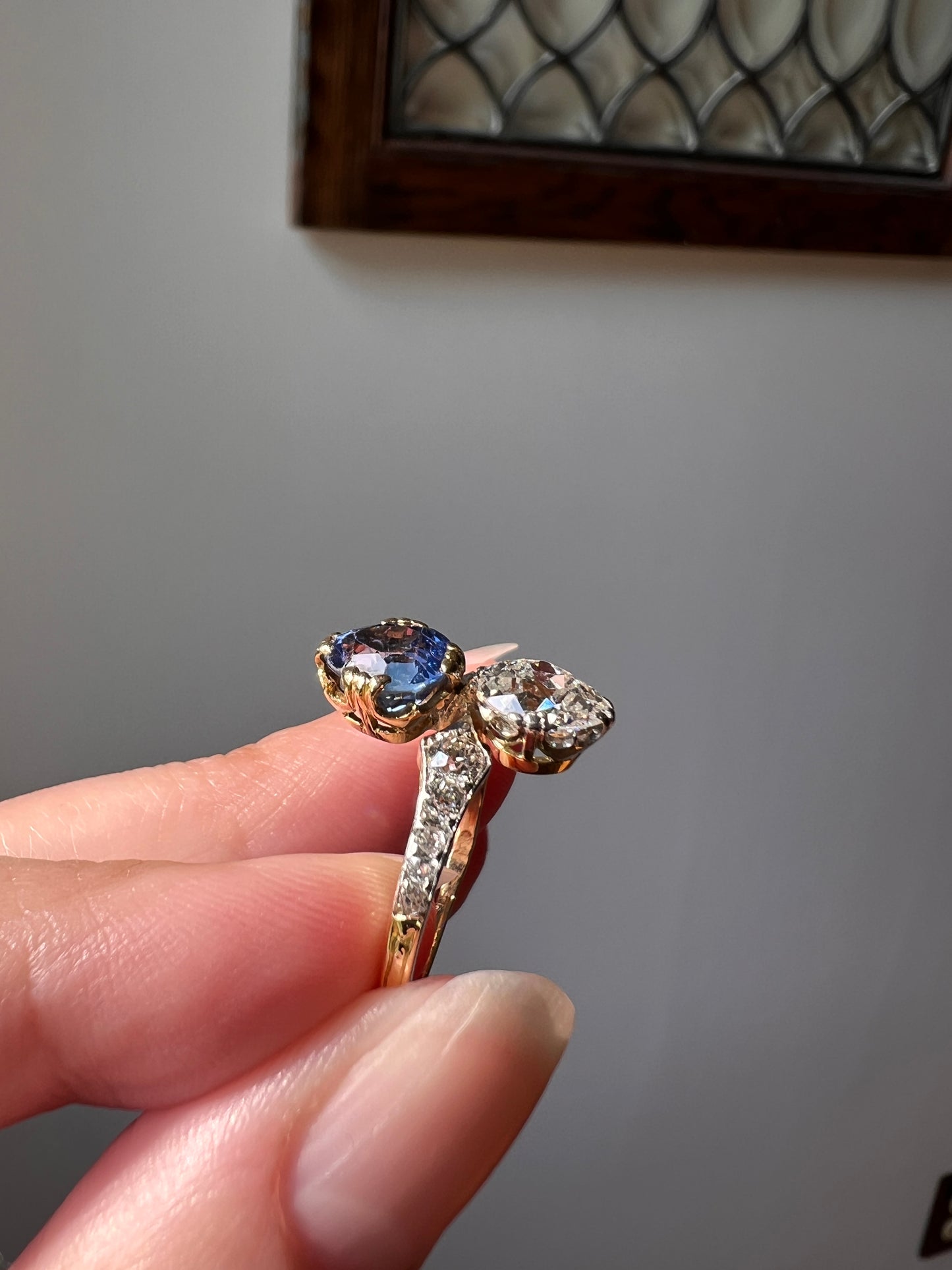 Antique No Heat PEAR Natural Ceylon SAPPHIRE Old Mine Cut DIAMOND Toi et Moi Ring 1 Carat Tdw French 18k Gold Platinum Ring