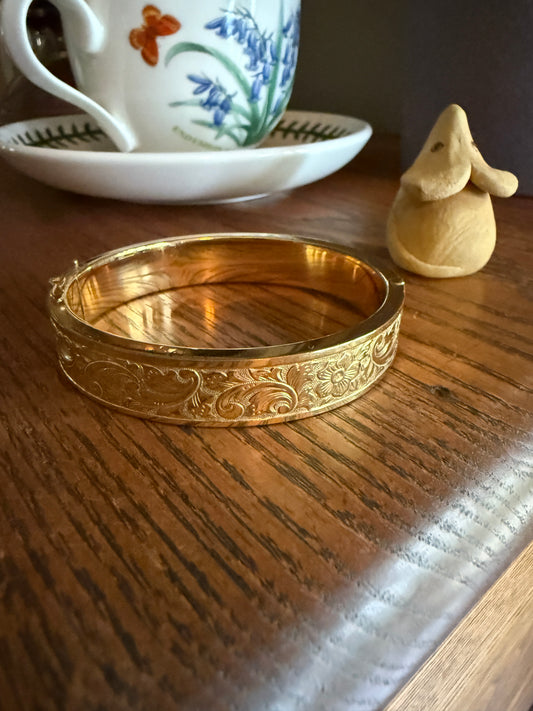French Vintage to Antique FLORAL Gold Filled Bracelet Hinged Bangle