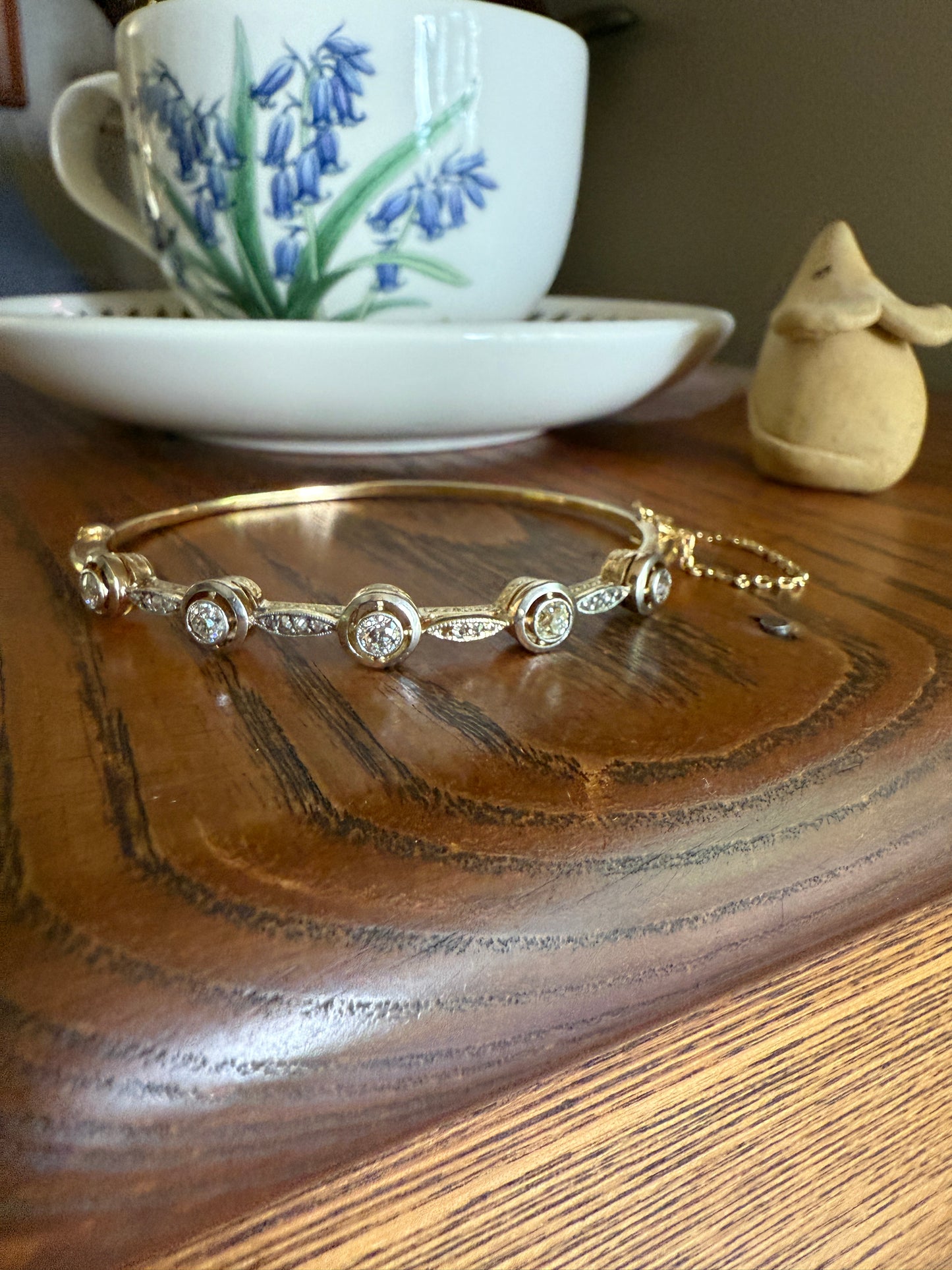 ANTIQUE 1 Carat Rose Old Mine Cut DIAMOND BANGLE Bracelet Hinged Engraved Halo Setting Yellow Champagne White Linear