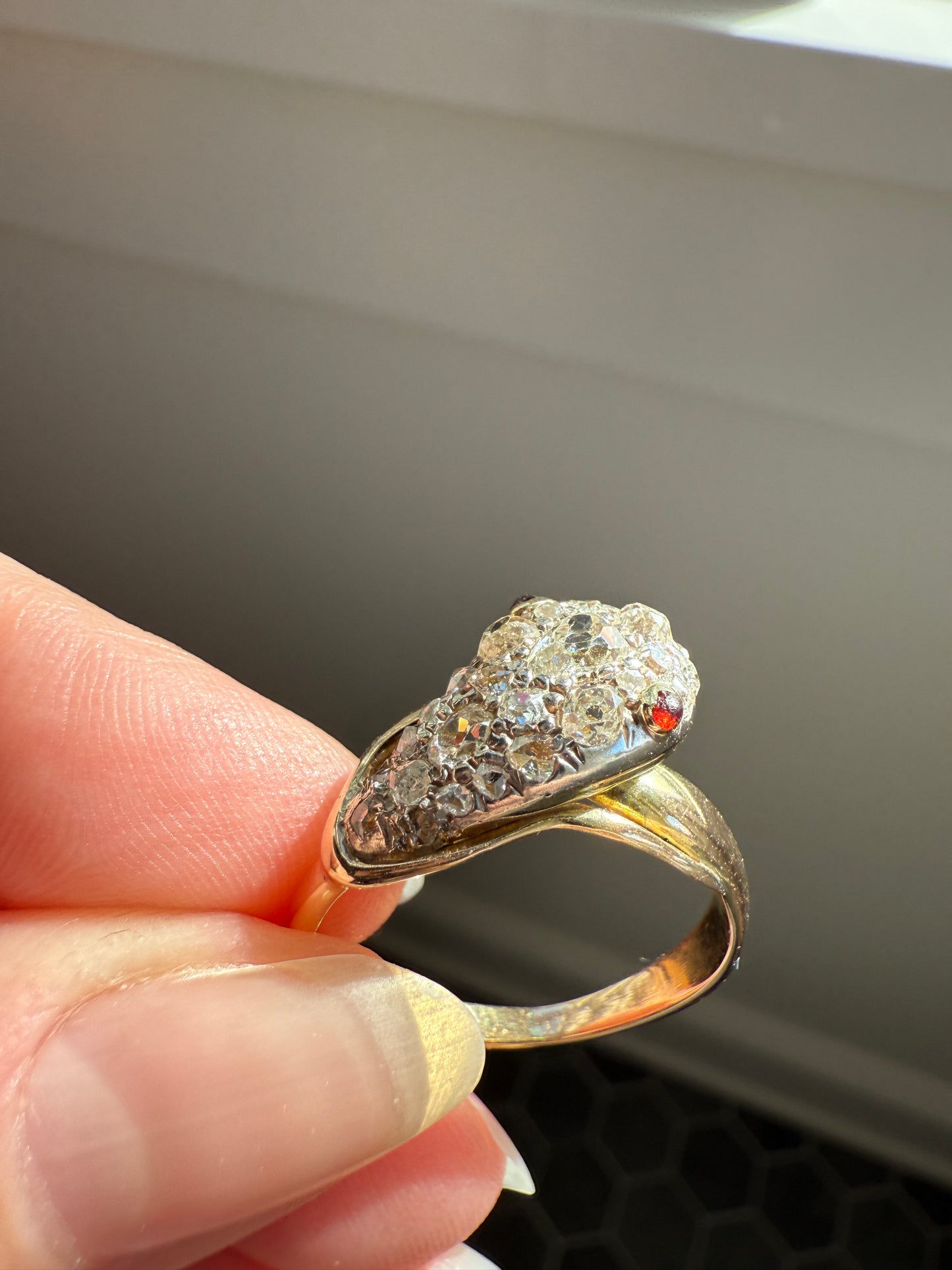 SNAKE Antique Figural Ring Chunky 1.5 Carat Rose Old Mine Cut Diamonds Encrusted Head Center Pear Ruby Eyes 18k Gold Solid 3D Band