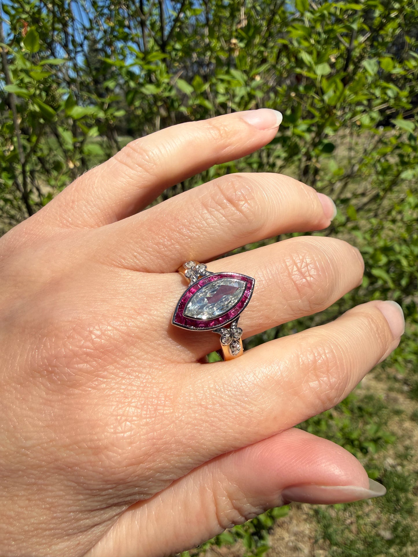 Vintage One Carat Old Cut MARQUISE Diamond Ruby HALO Navette French Art Deco Ring 18k Gold Platinum Belle Epoque Pink Rose Cut Accents