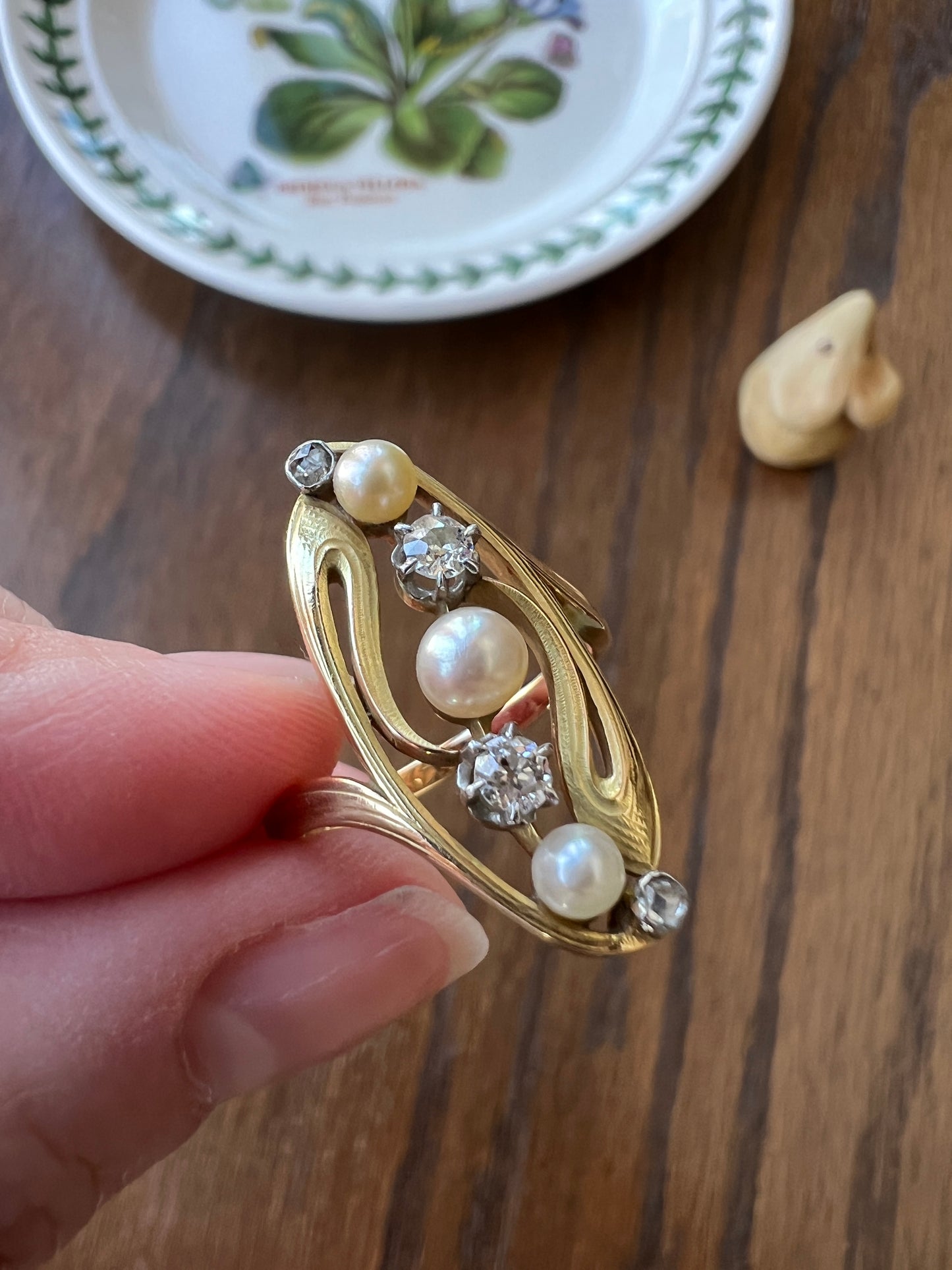 Delicious French Art NOUVEAU Antique Belle Epoque Rose Old Mine Cut DIAMOND Pearl SWIRL Whiplash 18k Gold Ring