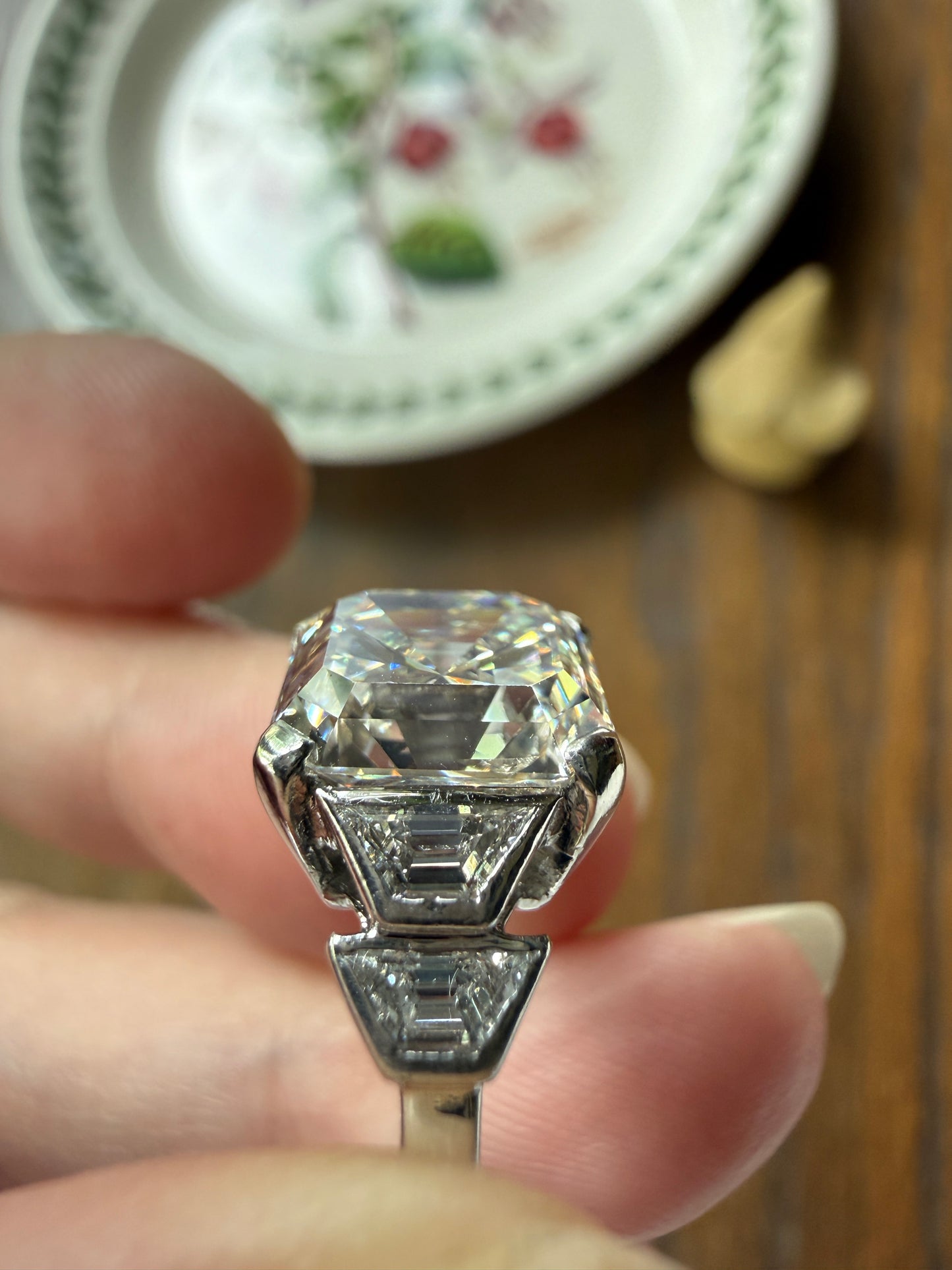 Exceptional 4 Carat Square Step Cut Diamond Solitaire Ring French PLATINUM w/ Trapezoid Accents Vintage to Art Deco 4.5Ctw Faces Eye CLEAN