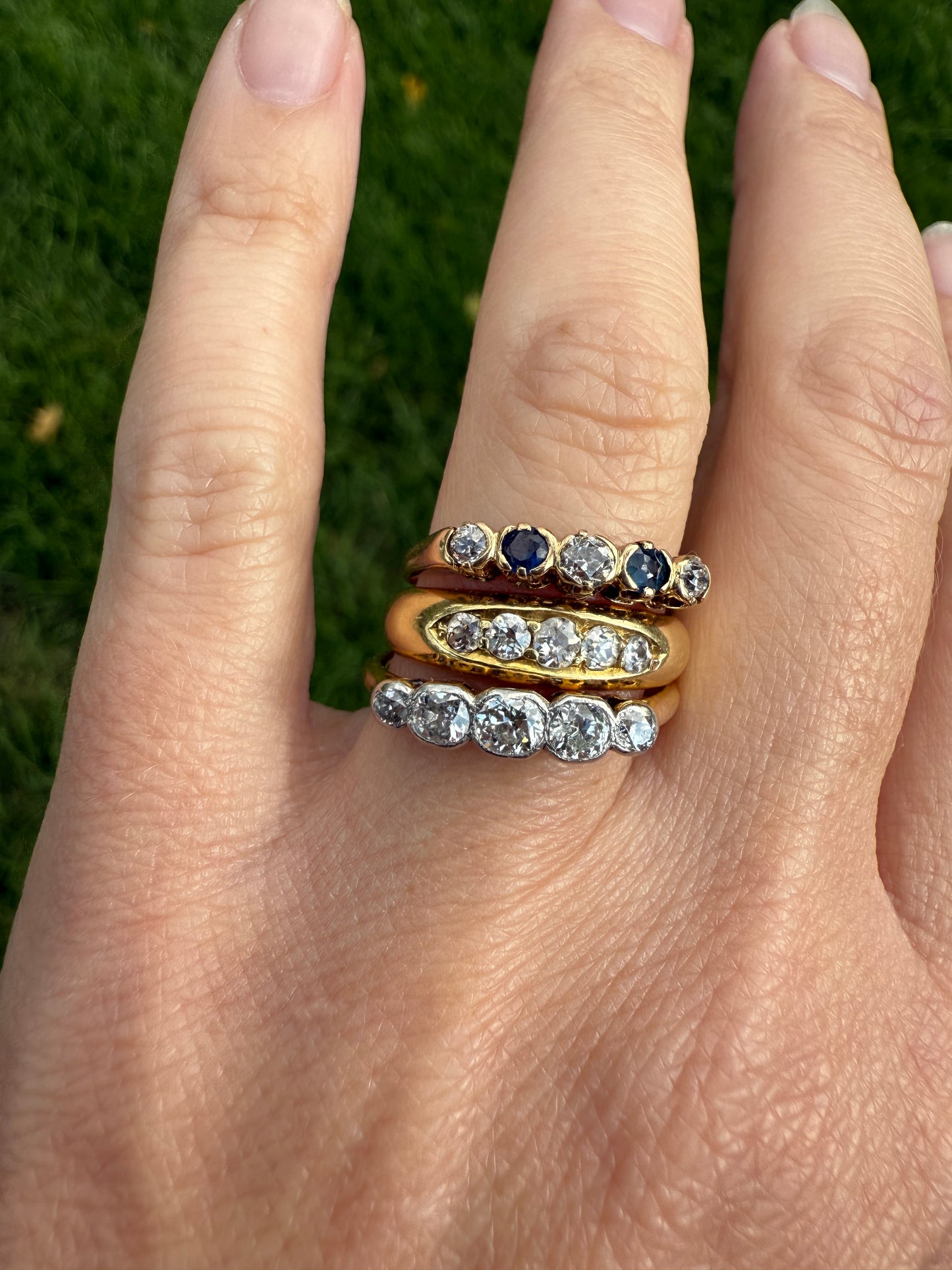 Antique Bezel Set Five Stone 0.6 Carat Old Mine Cut Diamond Ring 18k Skinny Band Stacker