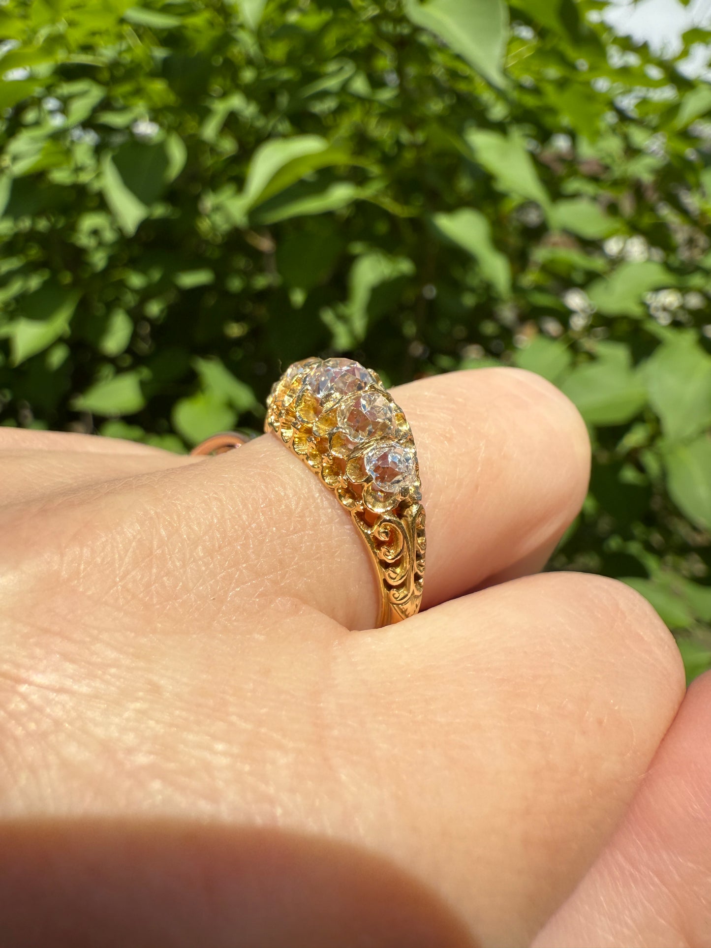 Most Ornate Victorian Antique Chunky Five Stone 1.8 Carat Old Mine Cut Diamond Band 18k Gold Ring Stacker Crown Prongs