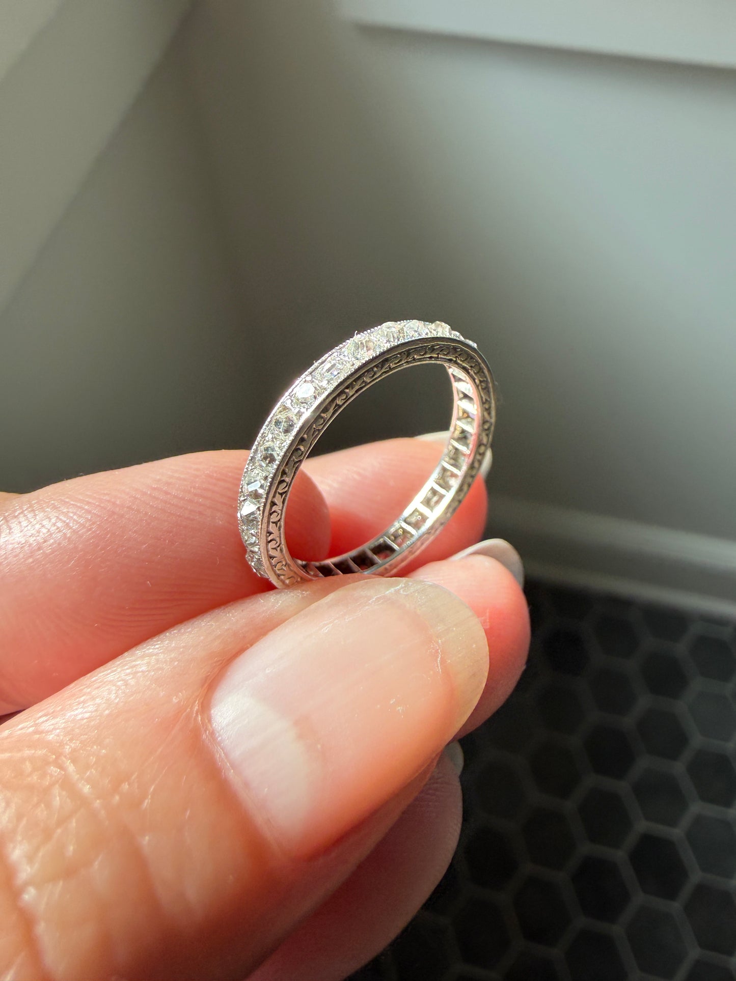French Antique PLATINUM Chunky 1.5 Carat 29 Old Mine Cut Eternity Band Skinny Wedding Band Engraved Edwardian Stacker