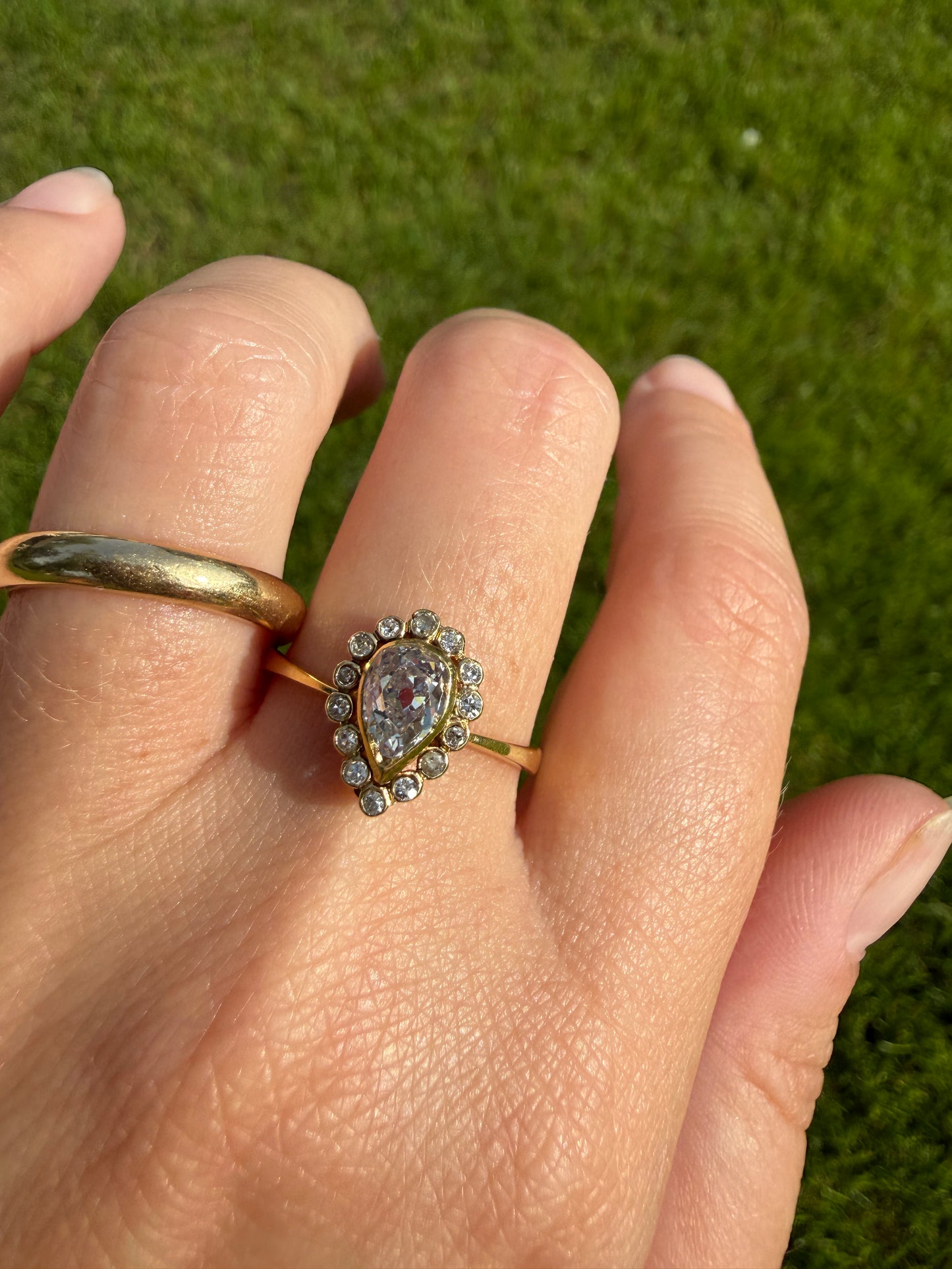 Vintage Halo Ring with Chunky .6 Carat Antique Old Mine Cut PEAR Diamond Eye Clean & Old Single Cuts Bezel Set Ring Teardrop Stacker