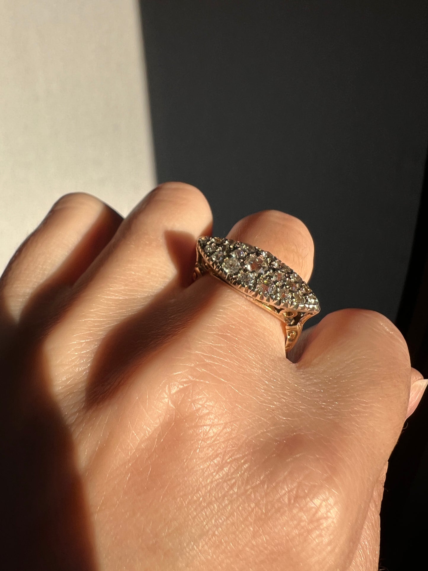 East West NAVETTE Antique 1 CARAT Old Mine Cut DIAMOND Cluster Ring Marquise Tall Platform Boat Edwardian