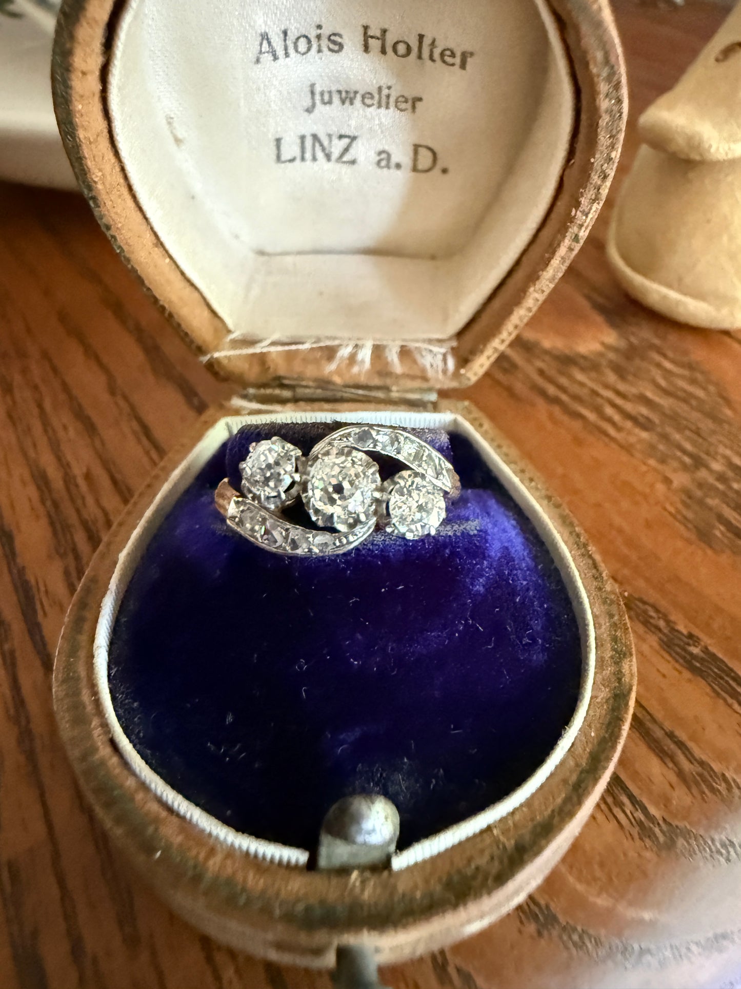 Antique .7 Carat Old Mine Cut Angled Bypass Three Stone Ring Rose Accents French 18k Gold Stacker Band OMC Belle Epoque