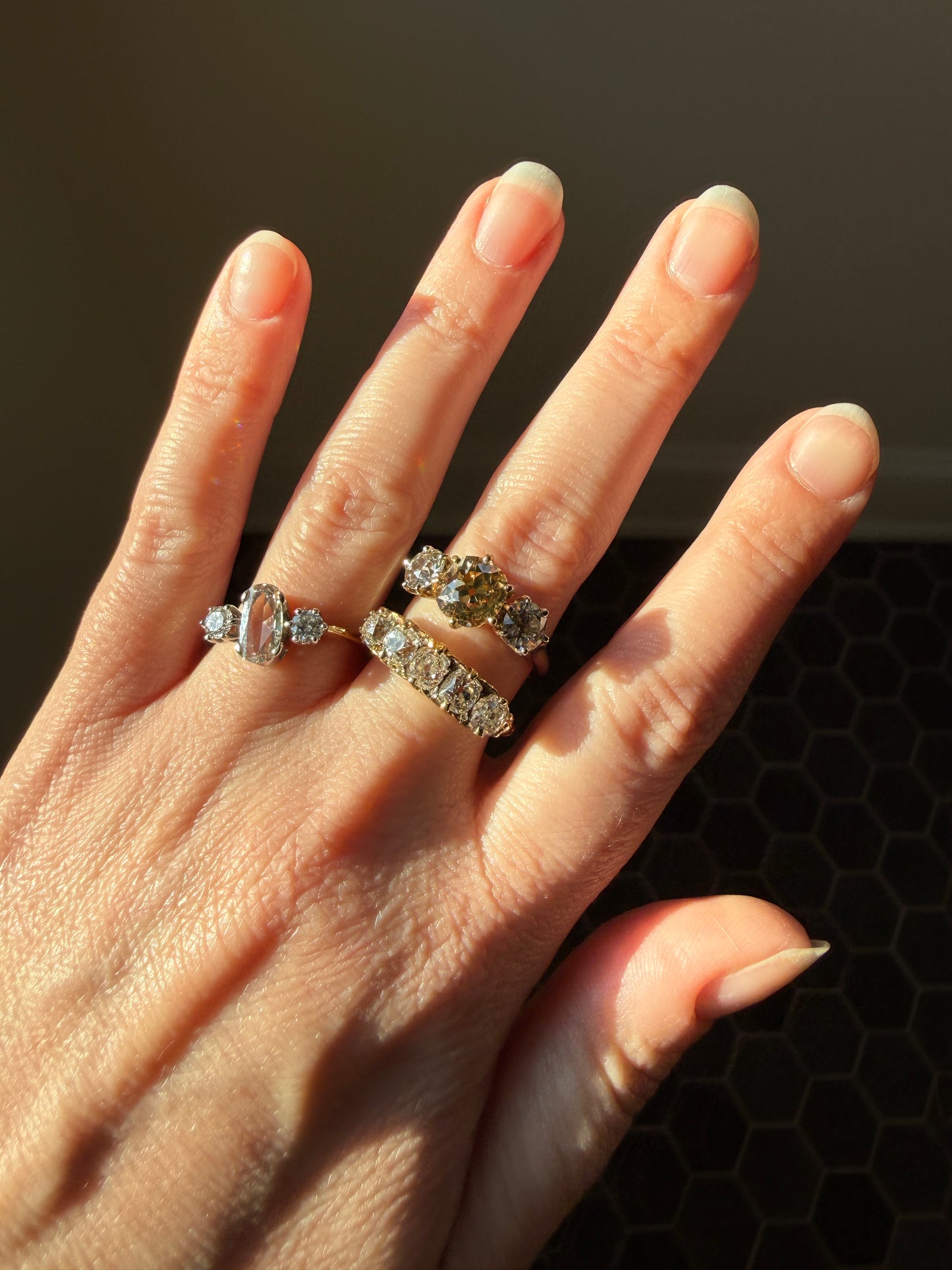 Victorian 2.25 Carats Antique Old Mine Cut Diamond Five Stone Ring 18k Gold Chunky Scrolled Ornate Band