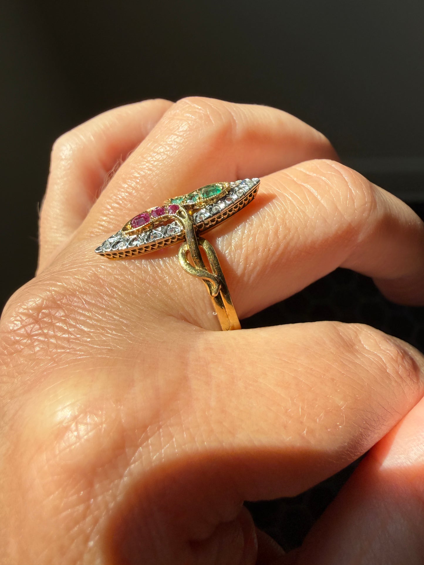Double SNAKES Antique Ring Natural Ruby Emerald Rose Cut DIAMOND Halo Navette Ring 18k Gold Platinum Red Green Victorian Love Gift