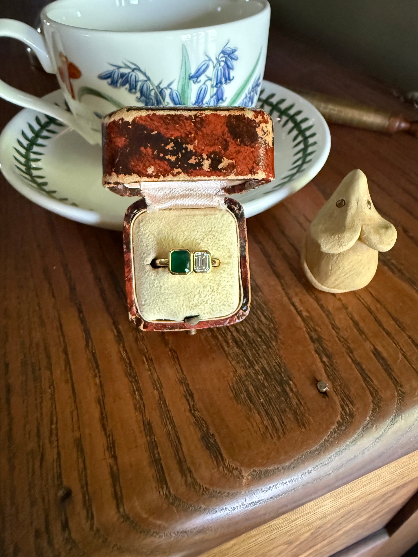 Vintage Emerald Cut Diamond Natural Green Emerald Toi et Moi Ring French 18k Gold Bezel Set Geometric Stacker Ring Unique Engagement