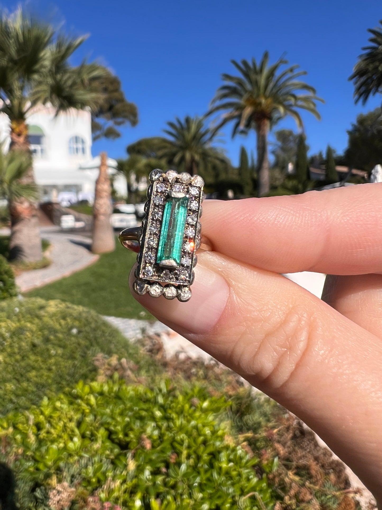 VICTORIAN Antique Emerald Cut Blue Green Tourmaline .5 Carat Rose & Single Cut Diamond Halo Panel Ring 14k Gold