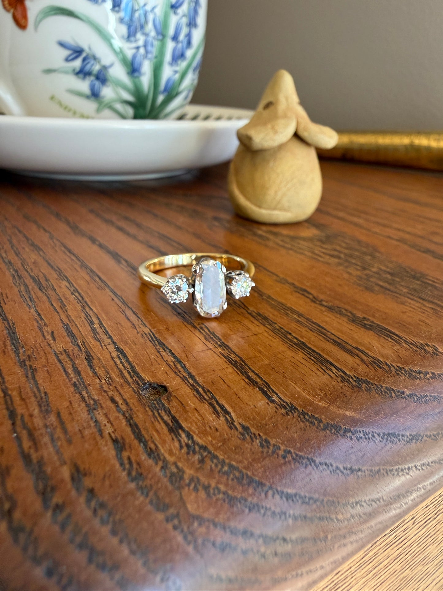 Unique Vintage Elongated Natural VS1 Portrait Rose Cut Three Stone DIAMOND Ring 18k Gold Solid Cushion Oval Stacker Band