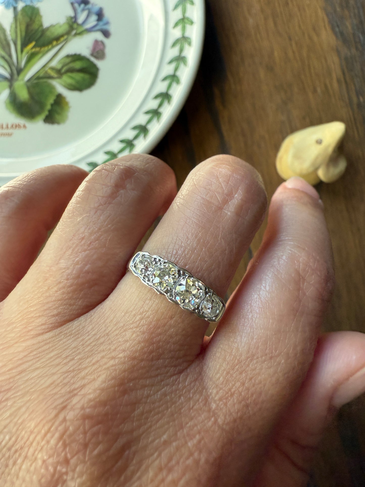 Antique 1.25 Carat Eye Clean Four Stone Old Mine Cut Diamond 18k White Gold French Band