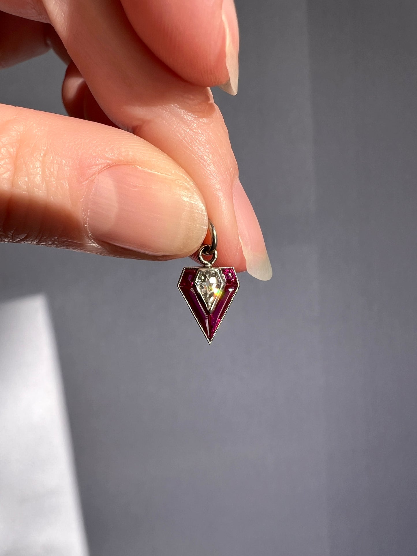 PENTAGON Antique RARE 5 Sided Kite Lozenge Old Cut DIAMOND 18k White Gold Eye Clean Pendant Art Deco Pink Ruby Halo One of Kind Gift Charm