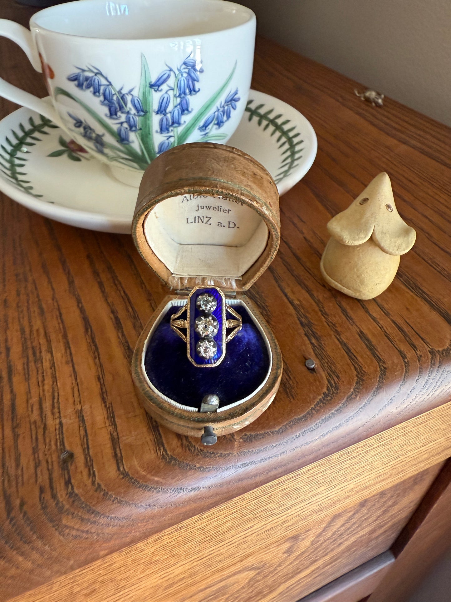 French Antique Georgian Bague Au Firmament .8 Carat Old Mine Cut Diamond Blue Enamel 18k Gold Ring of Heaven STAR Victorian