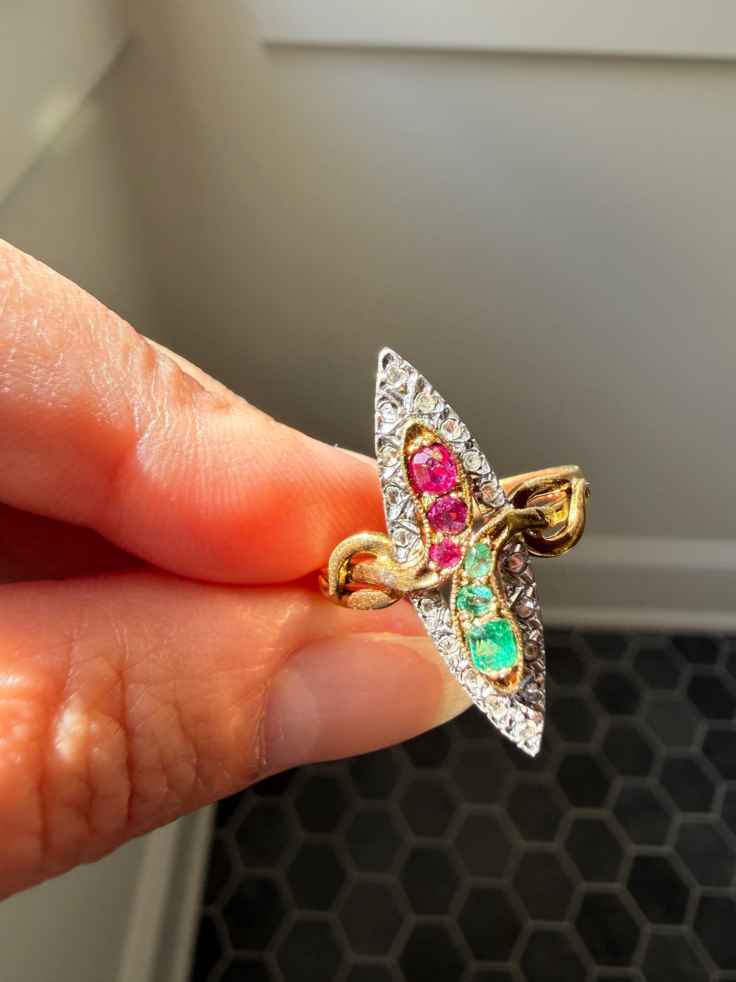 Double SNAKES Antique Ring Natural Ruby Emerald Rose Cut DIAMOND Halo Navette Ring 18k Gold Platinum Red Green Victorian Love Gift