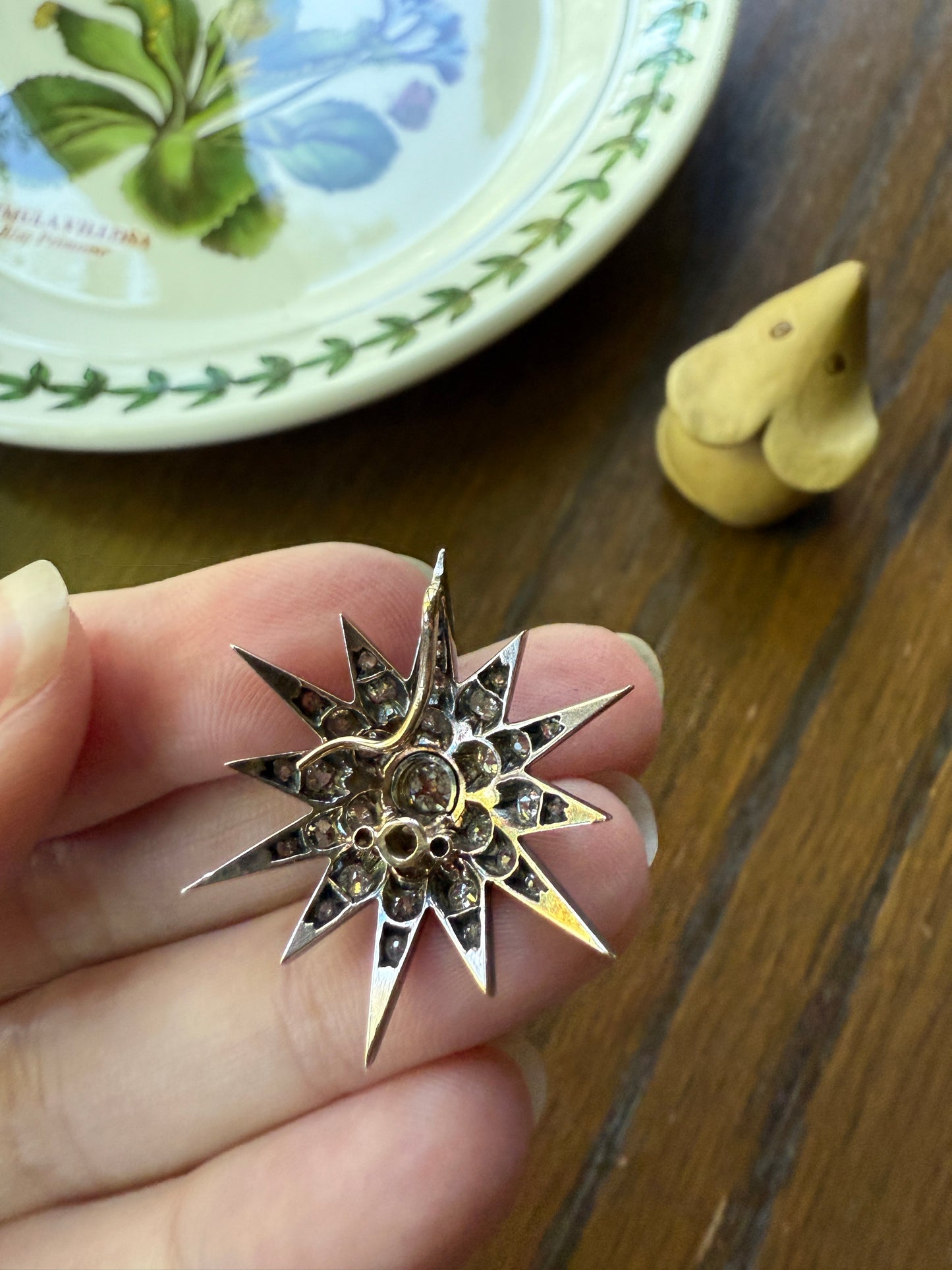 STAR Antique CONVERTIBLE Pendant Hair Pin Brooch BOXED 1 1/4 Carat Old Mine Cut Diamond Cluster 14k Gold Silver Victorian Gift Bridal 1.25Ct