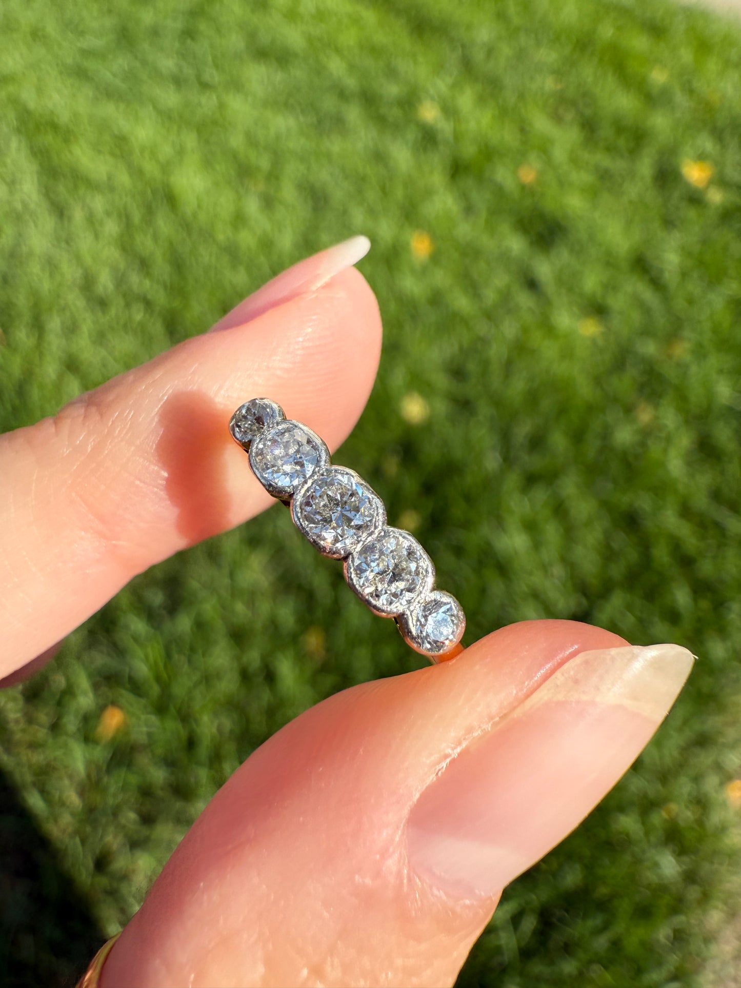 Antique Bezel Set Five Stone 0.6 Carat Old Mine Cut Diamond Ring 18k Skinny Band Stacker