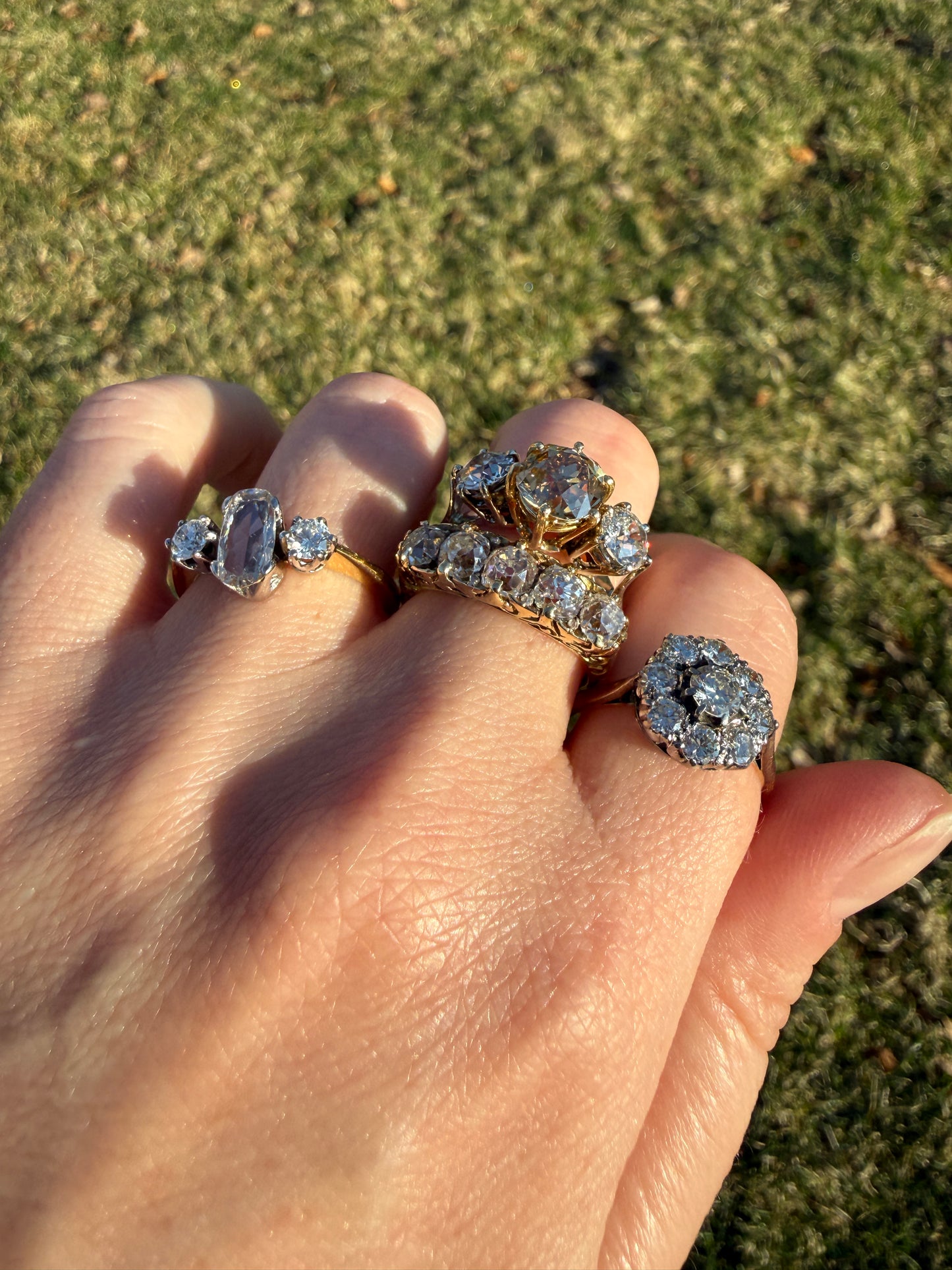 Victorian 2.25 Carats Antique Old Mine Cut Diamond Five Stone Ring 18k Gold Chunky Scrolled Ornate Band