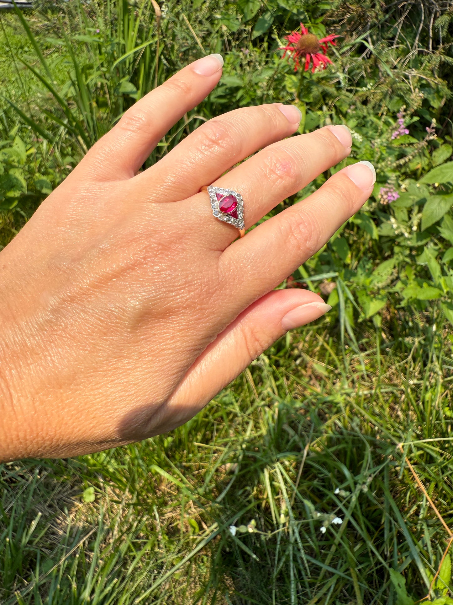 Antique Pink RUBY Rose Cut DIAMOND Garland Halo East West Ring French 18k Gold Stacker Belle Epoque Triangular Trillion