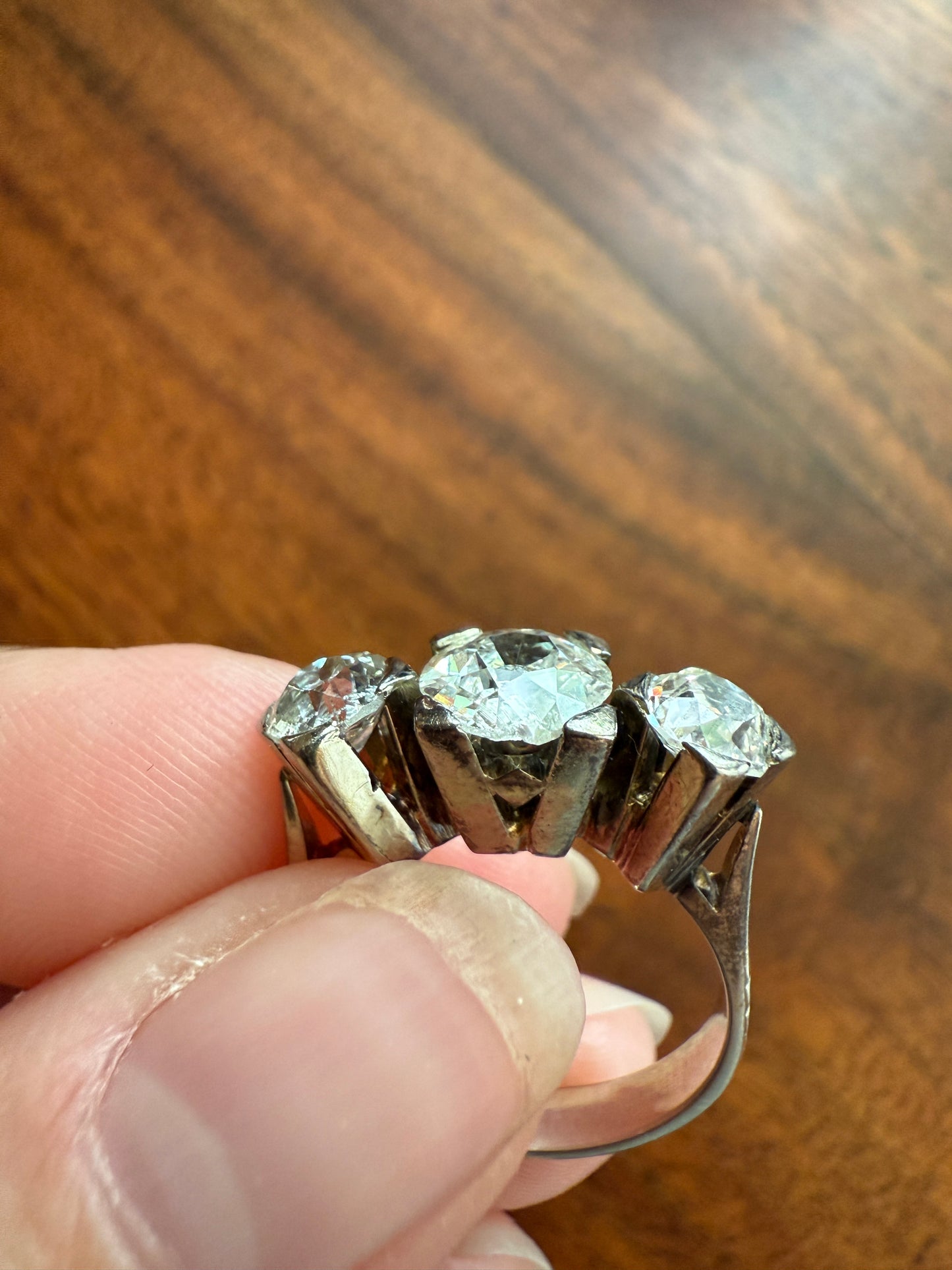 TALL Antique 2 CARATS Three Stone Chunky Old Mine Cut Diamond Ring 18k White Gold Art Deco
