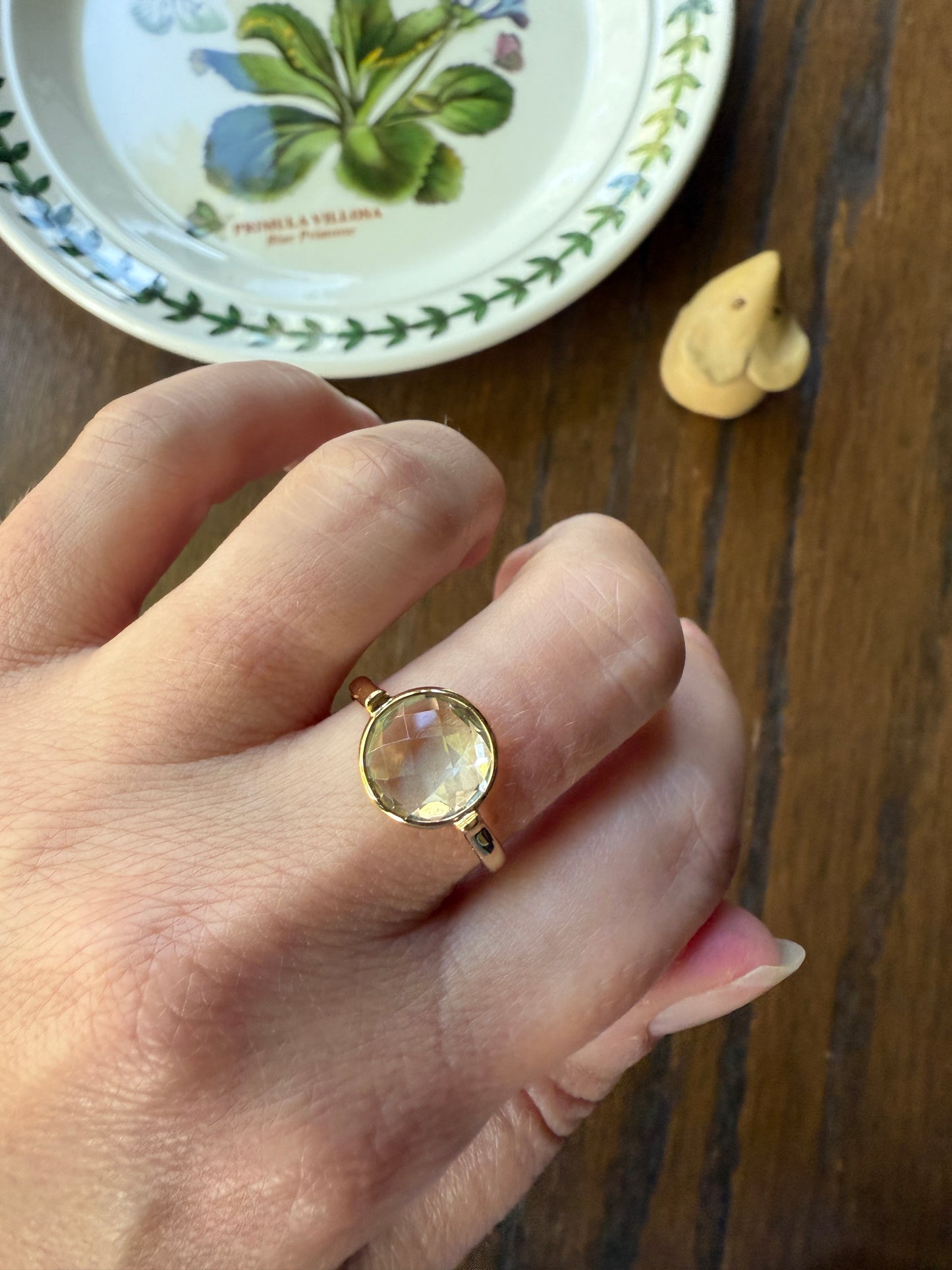 Pale GREEN Natural Prasiolite 18k Gold Bezel Set Modern Ring Domed Disco Ball Rose Cut Faceting Quartz Amethyst