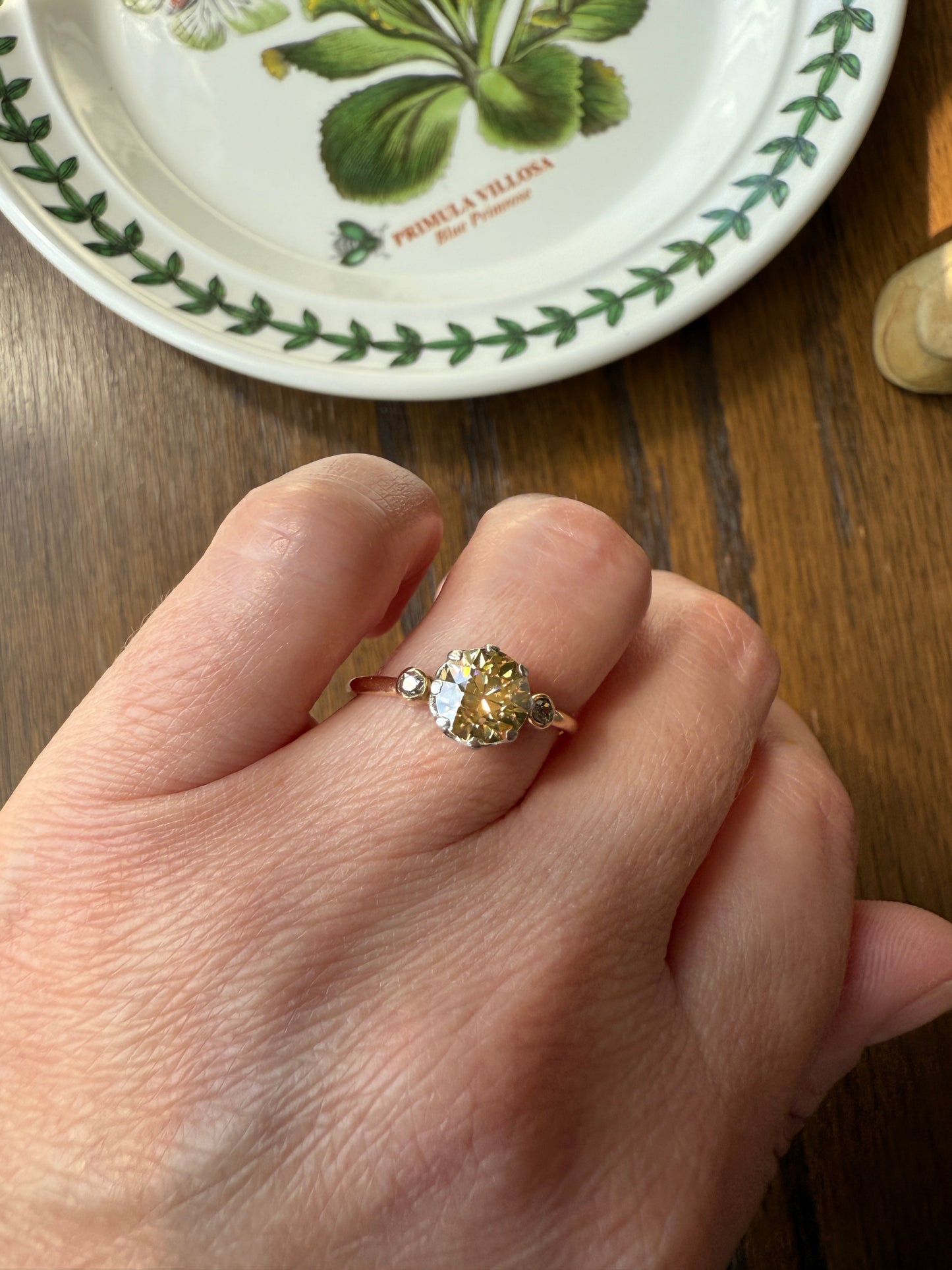 Antique Eye Clean Color Change 1.5 Carat Antique Fancy Champagne Green Yellow Old Mine Cut DIAMOND Solitaire Ring Three Stone 18k Gold