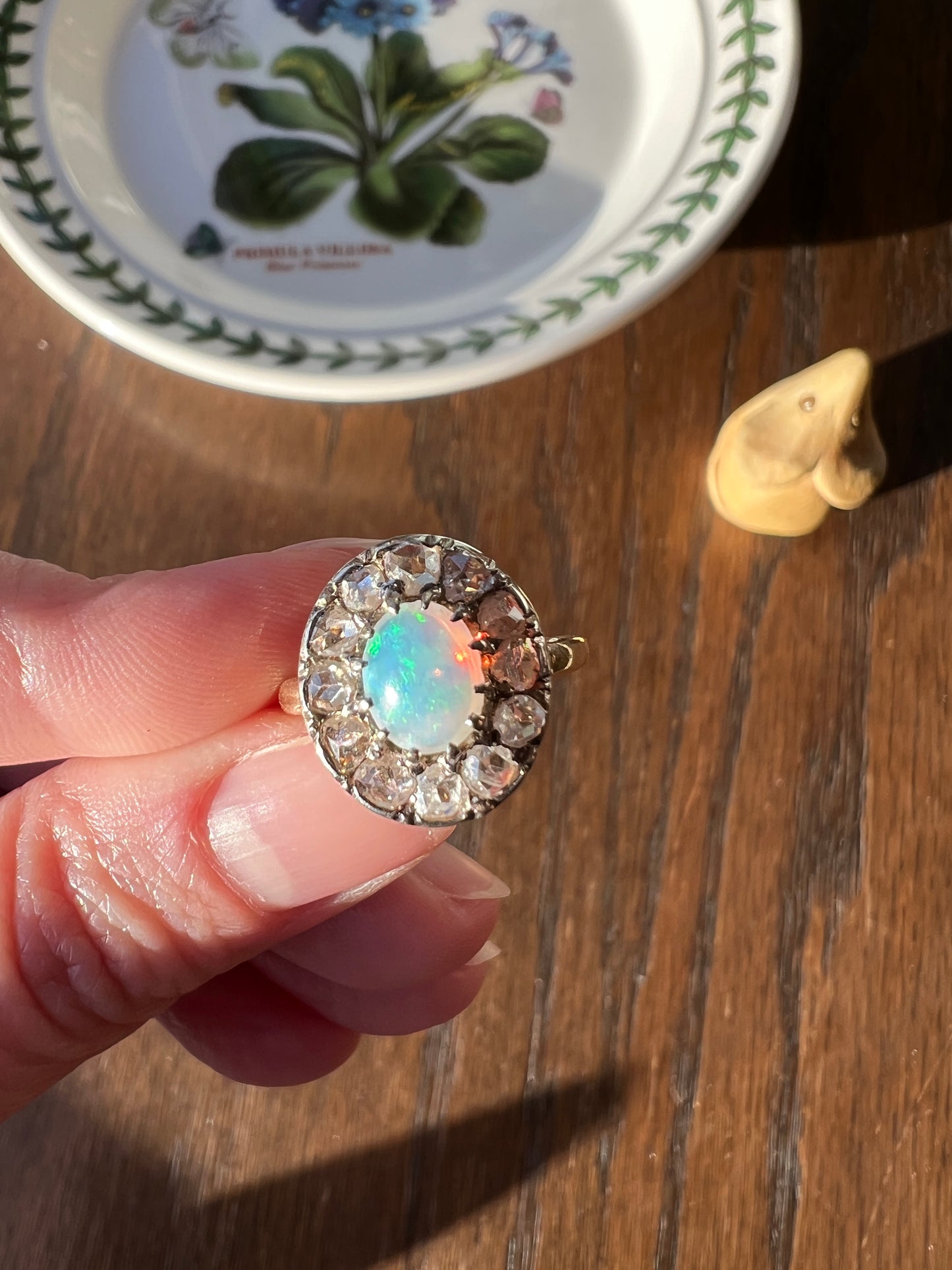 OPAL Rose Cut DIAMOND Halo Antique 18k Gold Ring Cluster Iridescent Blue Green Stacker