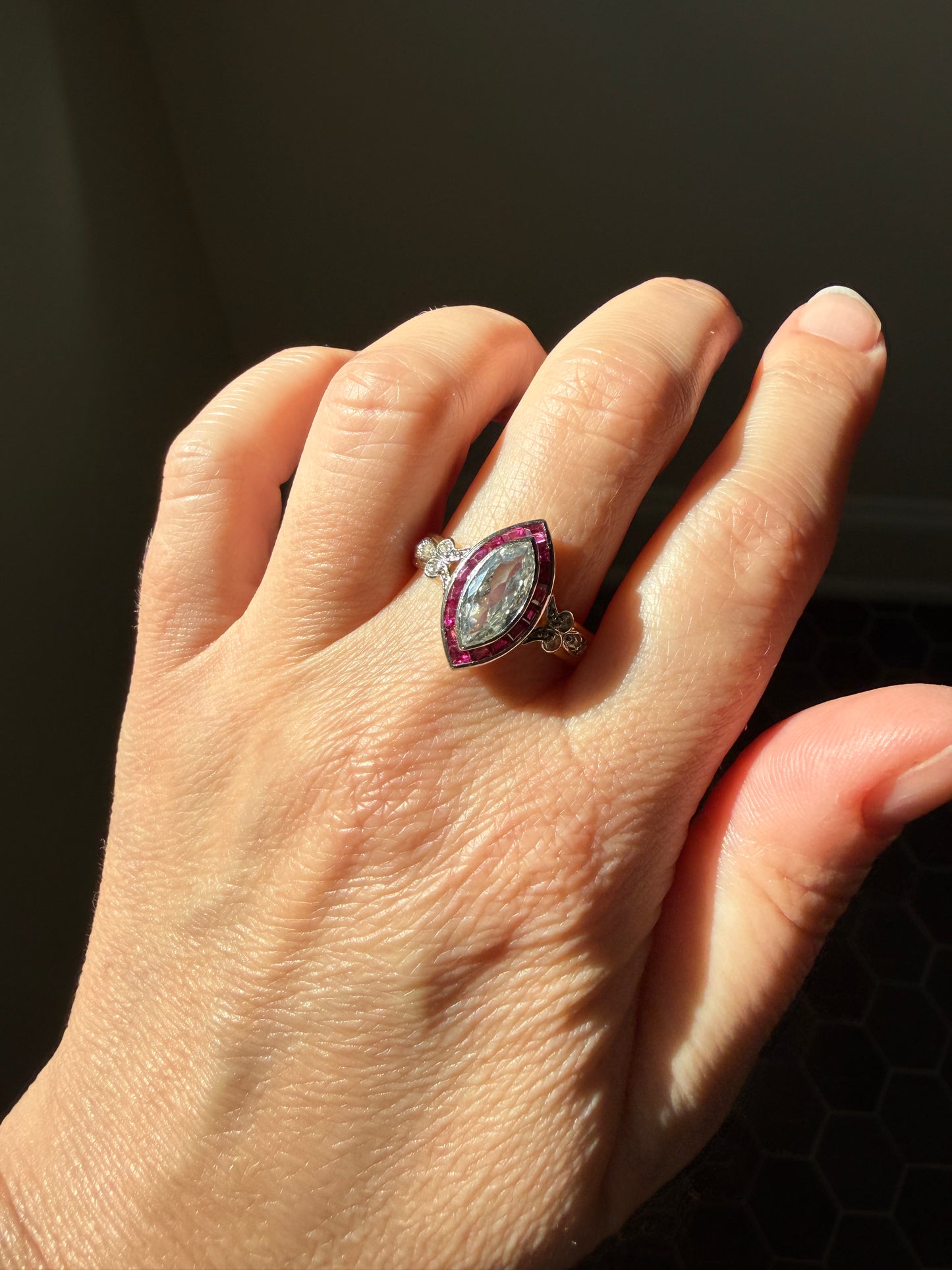 Vintage One Carat Old Cut MARQUISE Diamond Ruby HALO Navette French Art Deco Ring 18k Gold Platinum Belle Epoque Pink Rose Cut Accents